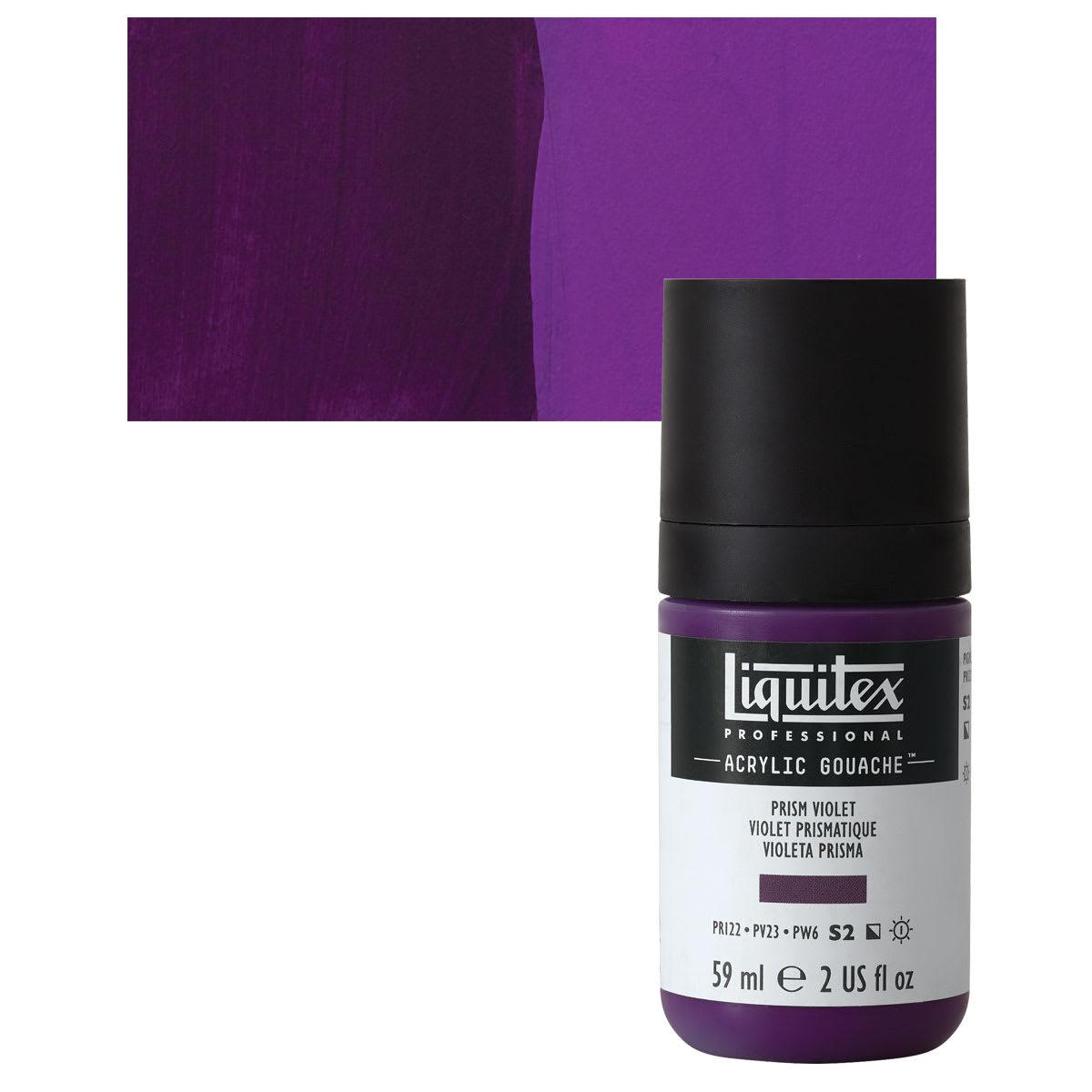 Liquitex Acrylic Gouache - Prism Violet, 59 ml bottle and swatch