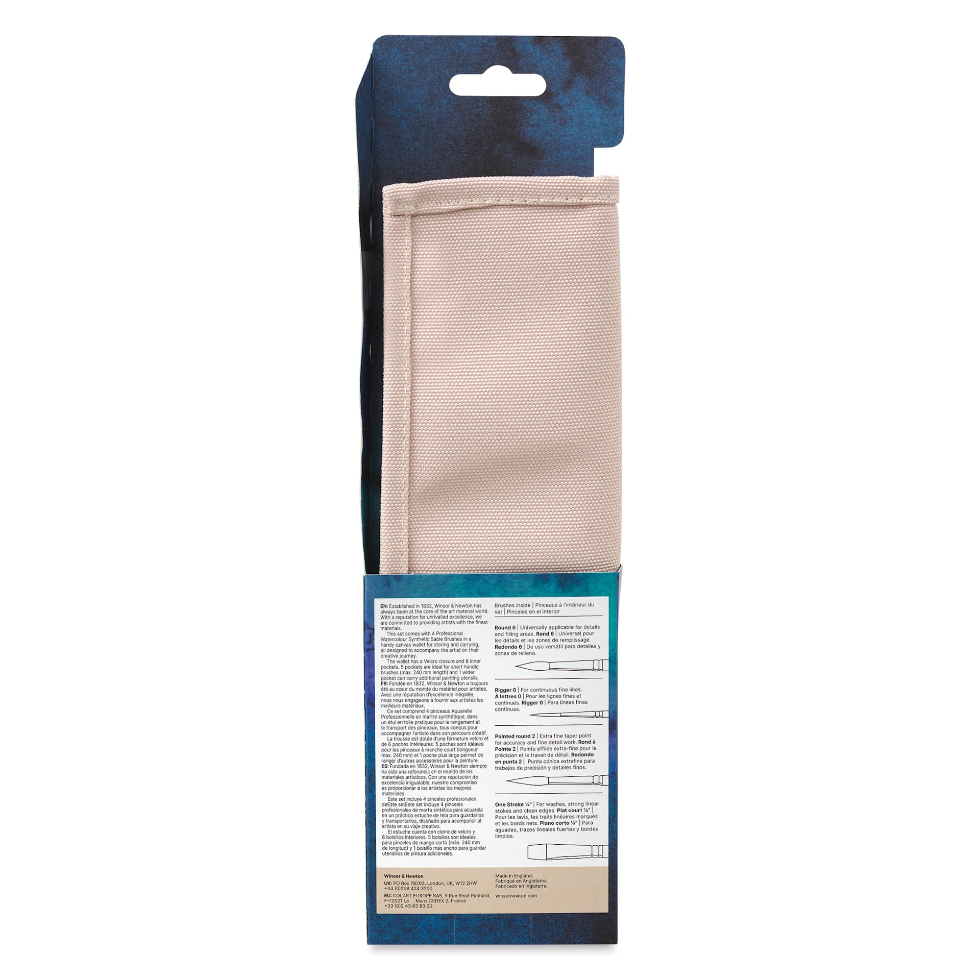 Winsor & Newton Professional Watercolor Synthetic Sable Brushes - Set of 4, Canvas Wallet Case, back of the packaging