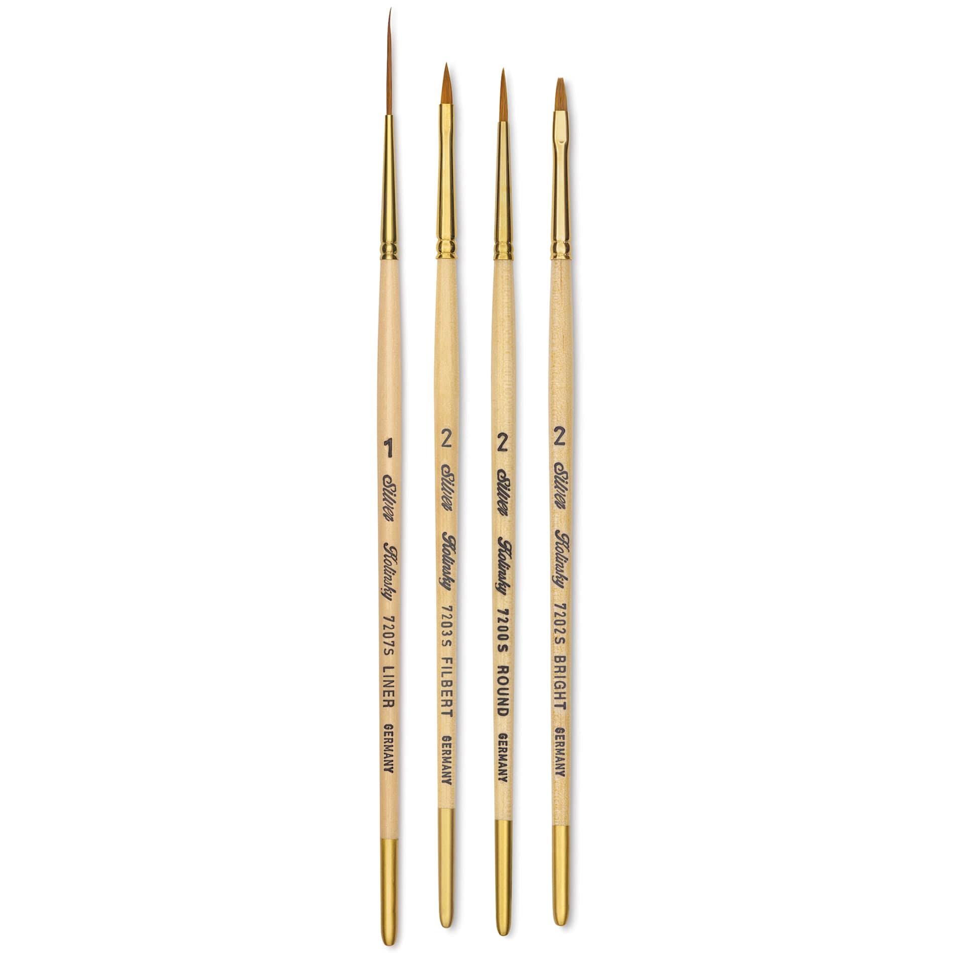 Silver Brush Silver Kolinsky Red Sable Brushes, four assorted brushes spread out