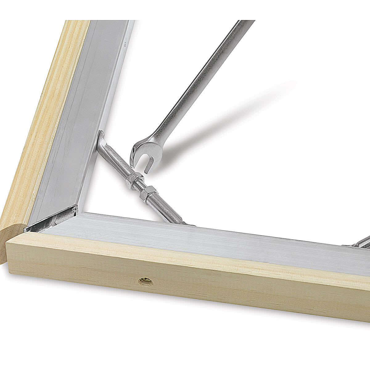 Best Pro-Bar System - Corner of frame with wrench positioned to adjust metal corner key Best Pro-Bar System - Corner of frame with wrench positioned to adjust metal corner key