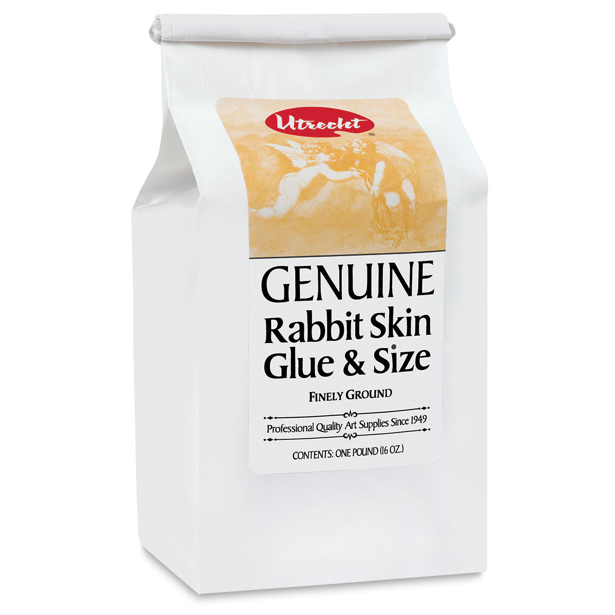 Utrecht Rabbit Skin Glue - left angled view of 1 lb bag of Ground Glue granules Utrecht Rabbit Skin Glue - left angled view of 1 lb bag of Ground Glue granules