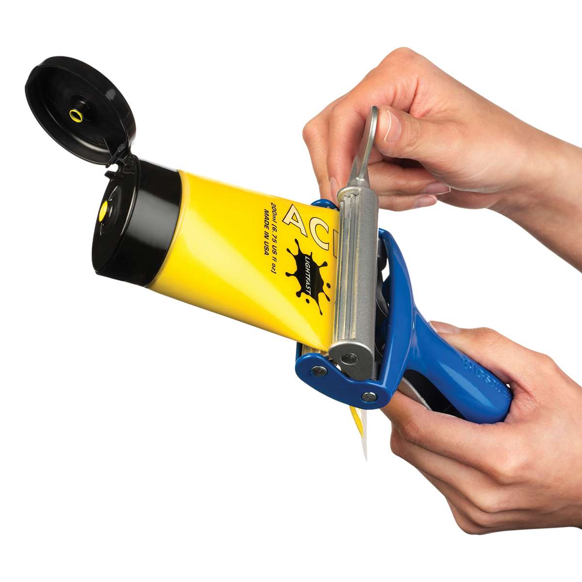 Big Squeeze Tube Squeezer - Top view with right hand turning crank squeezing paint tube