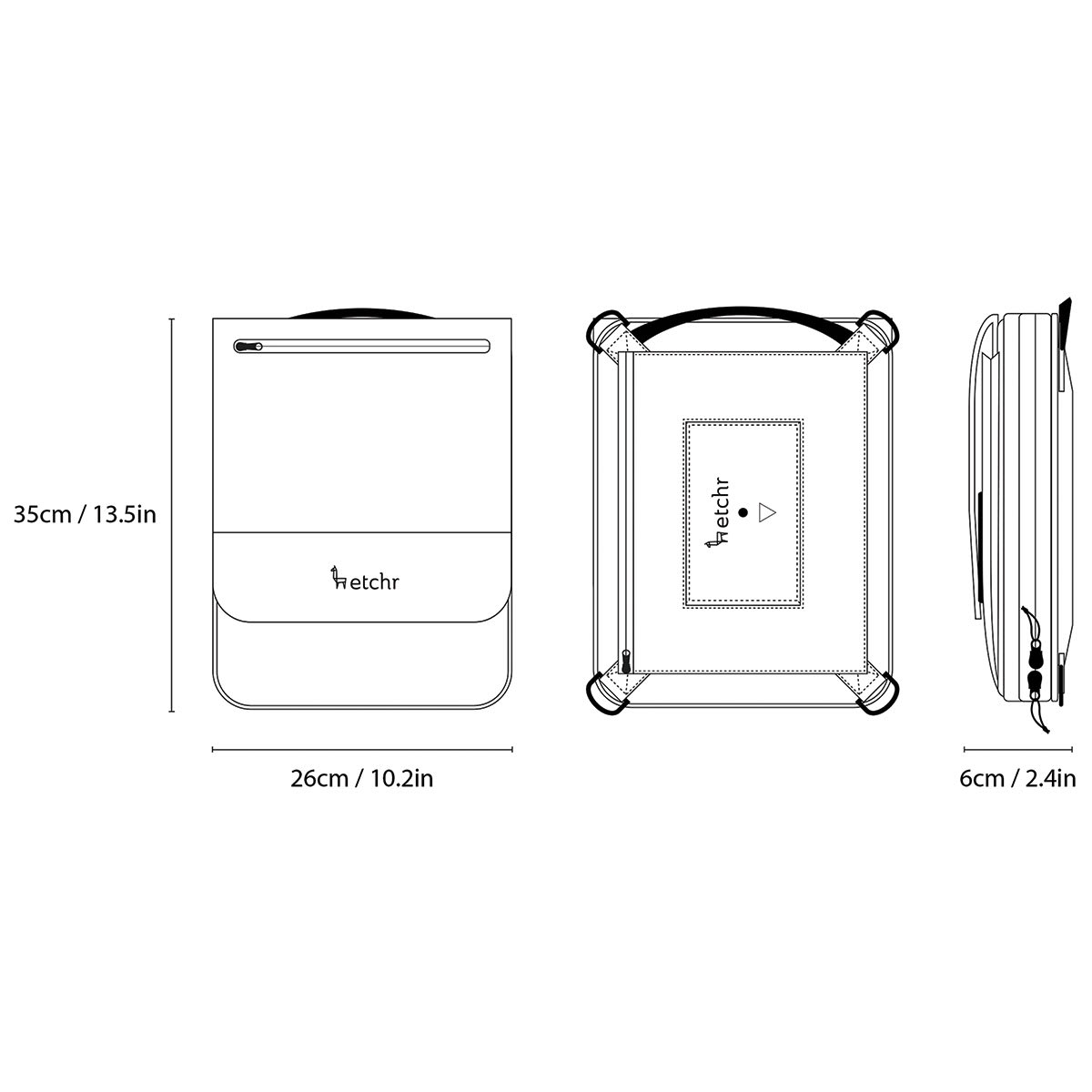 Etchr Slate Satchel - Mini (illustration with outside dimensions)
