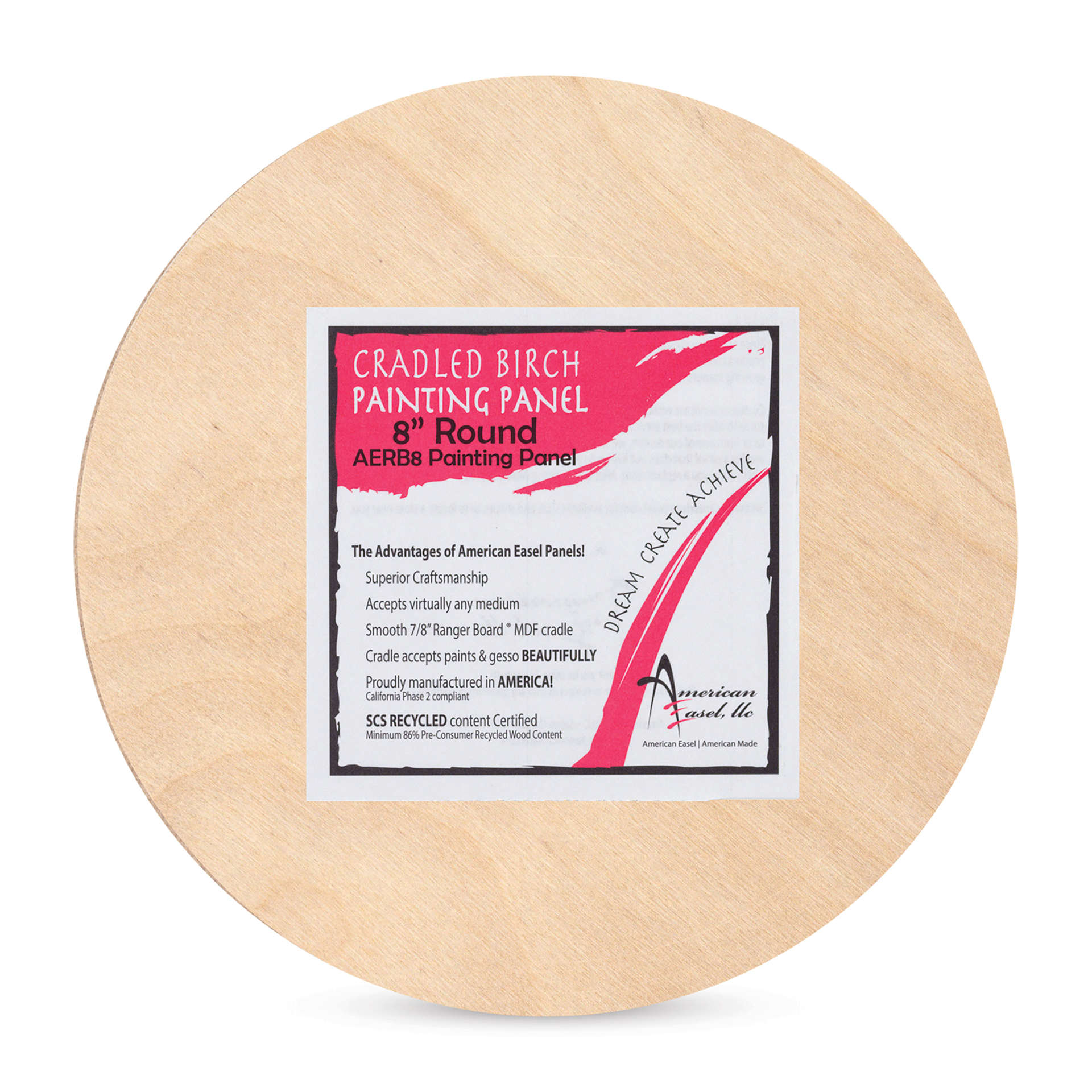 American Easel Cradled Round Birch Painting Panel - 8" Dia. x 7/8" D (Front view with label)