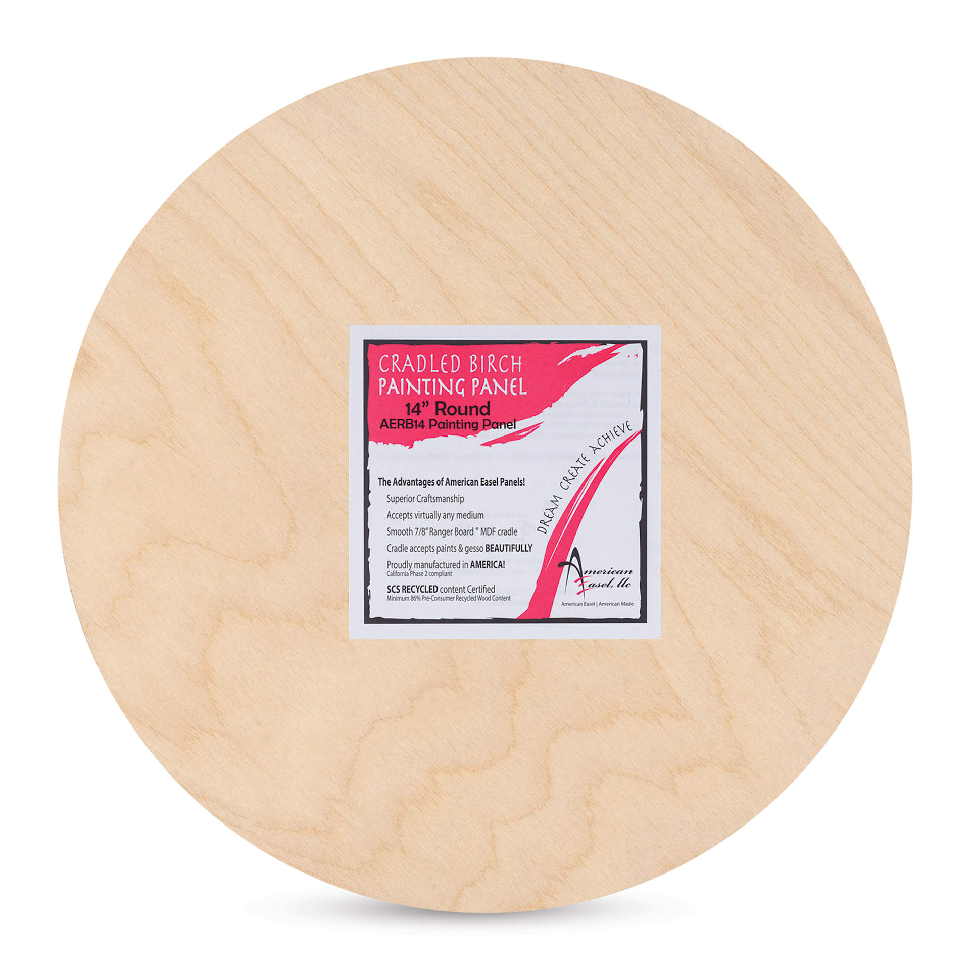 American Easel Cradled Round Birch Painting Panel - 14" Dia. x 7/8" D (Front view with label) American Easel Cradled Round Birch Painting Panel - 14" Dia. x 7/8" D (Front view with label)