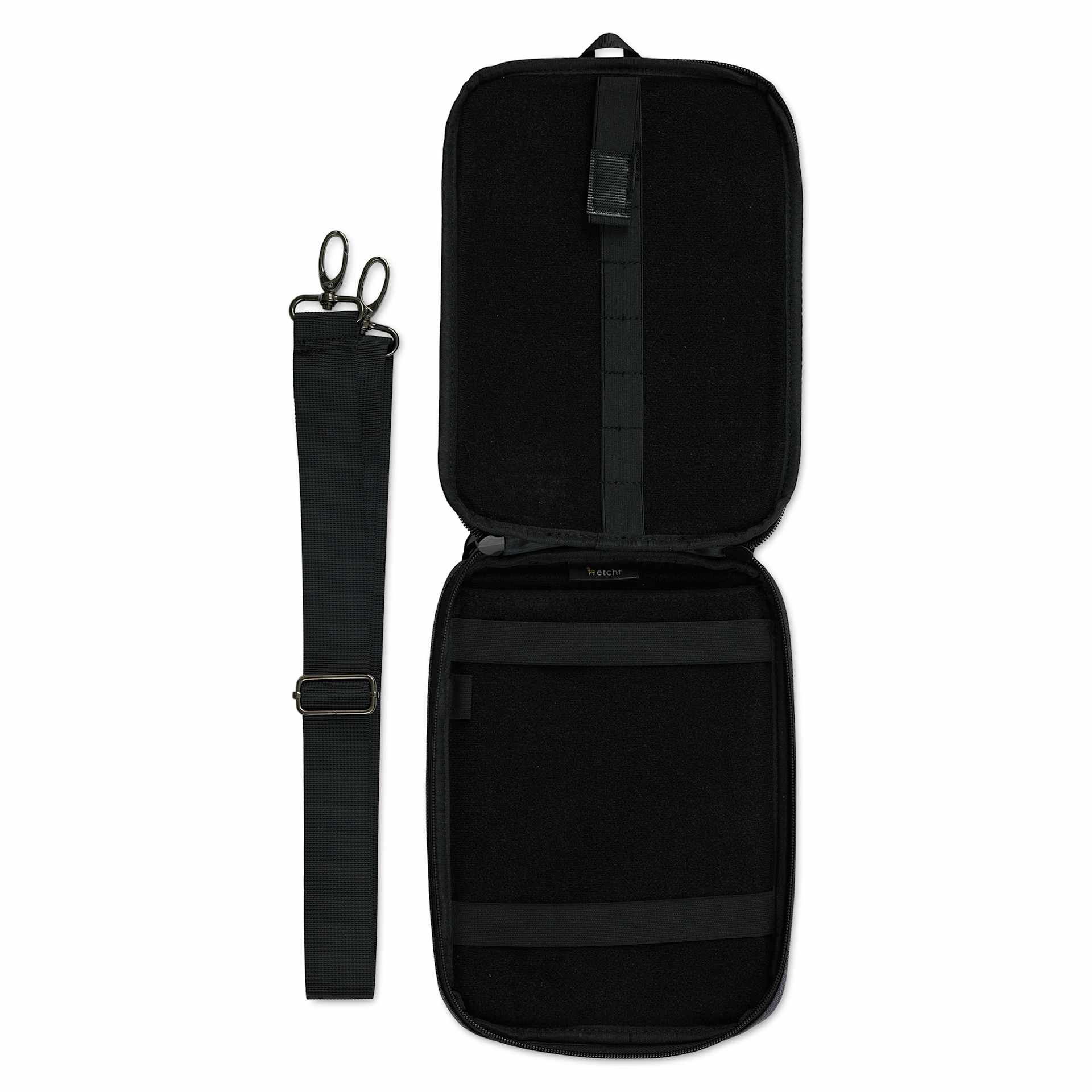 Etchr Nano Satchel - Grey, open showing the interior of the satchel and shoulder strap