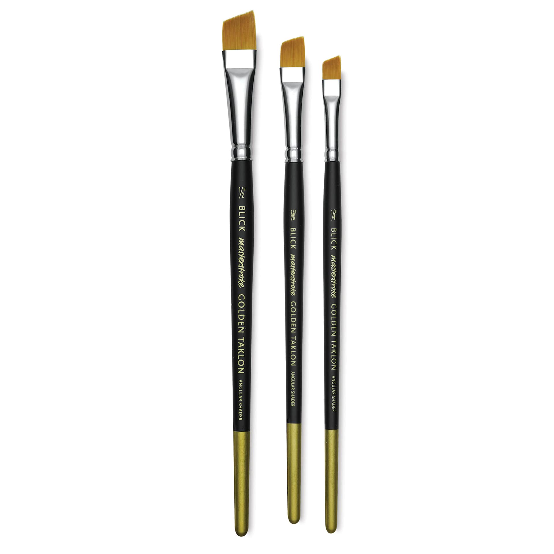 Blick Masterstroke Golden Taklon Brushes - 3 Angle Shaders shown upright Blick Masterstroke Golden Taklon Brushes - 3 Angle Shaders shown upright