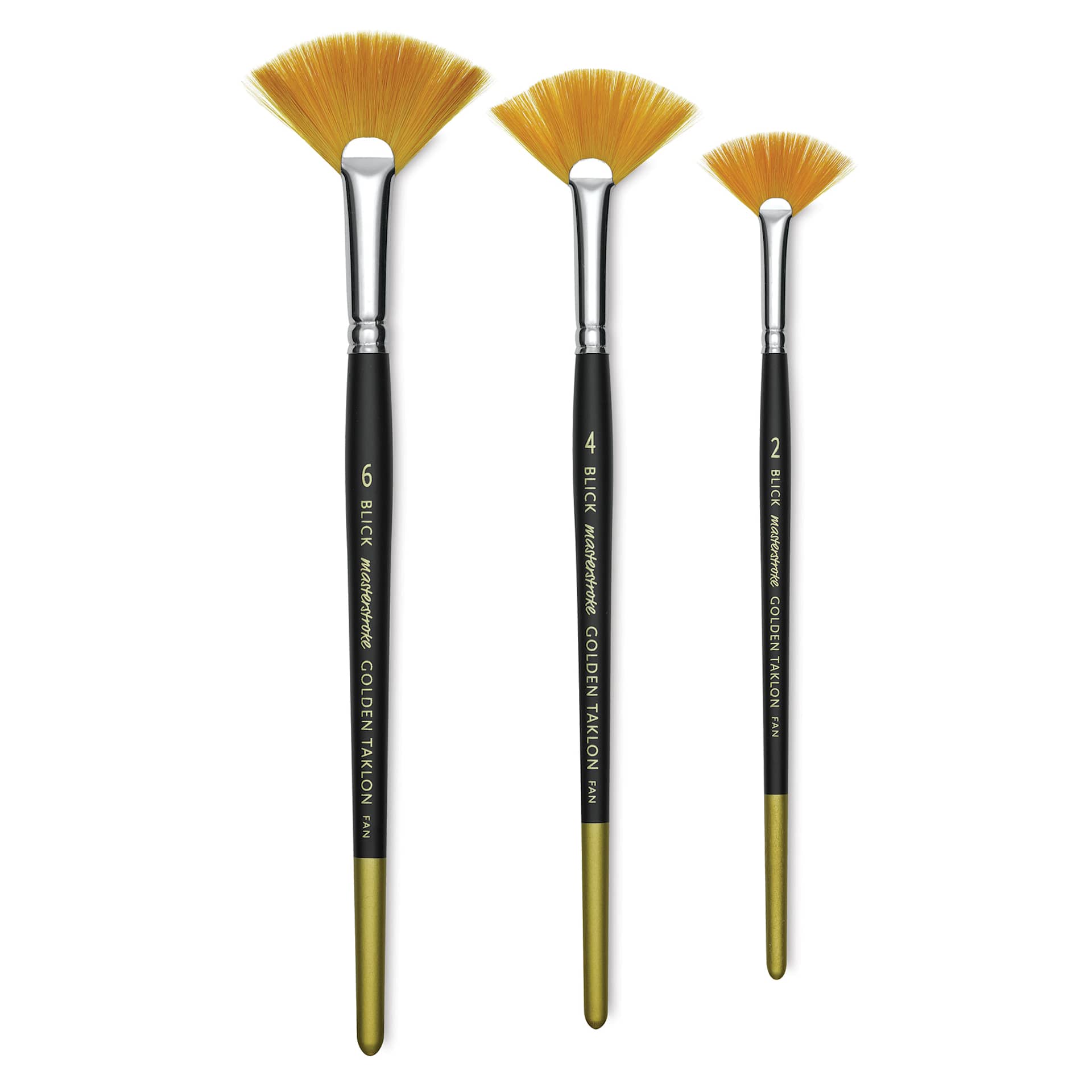 Blick Masterstroke Golden Taklon Brushes - 3 Fan brushes shown upright Blick Masterstroke Golden Taklon Brushes - 3 Fan brushes shown upright