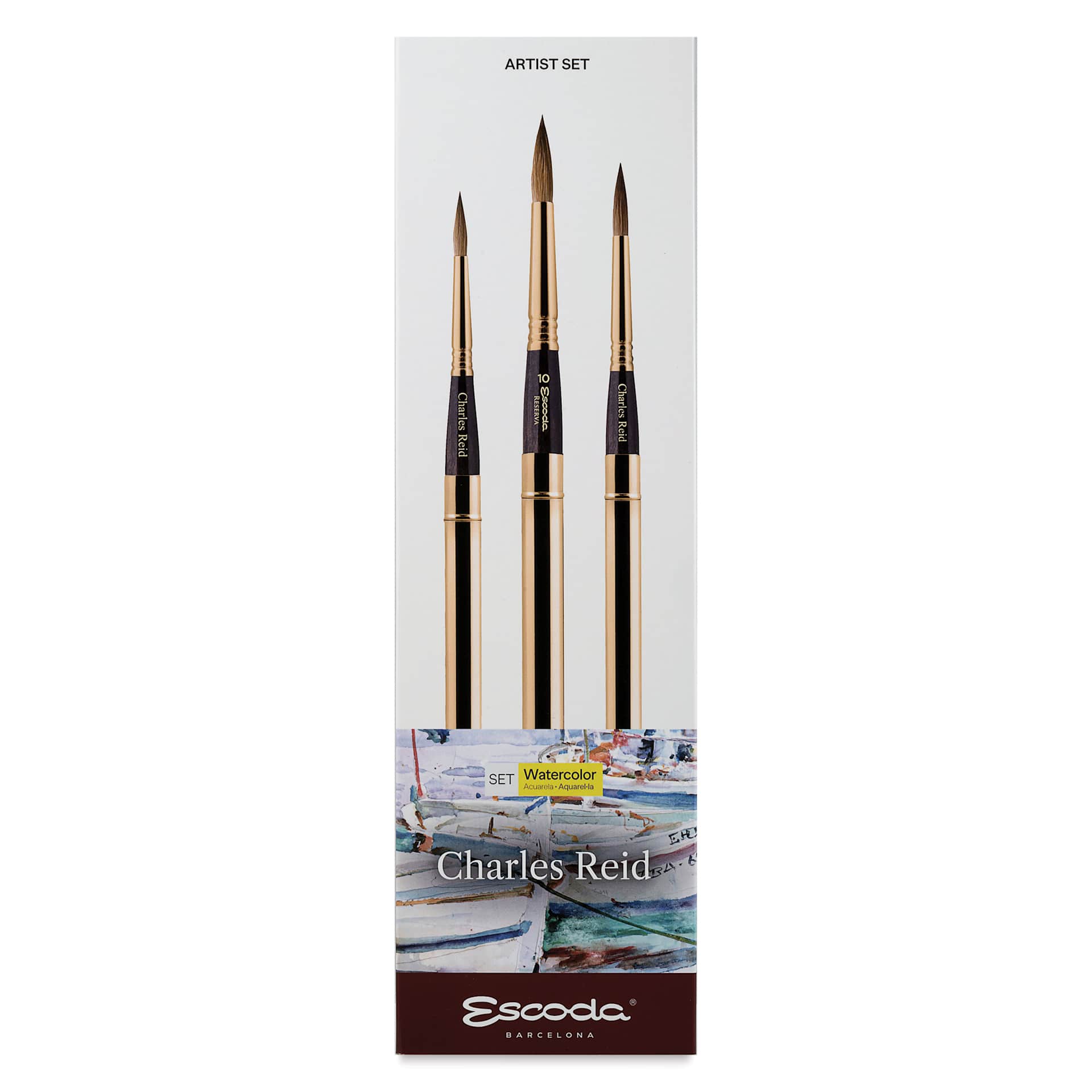 Escoda Reserva Kolinsky-Tajmyr Sable Brush - Charles Reid Signature Brush Set, Pocket Round, front of pack Escoda Reserva Kolinsky-Tajmyr Sable Brush - Charles Reid Signature Brush Set, Pocket Round, front of pack