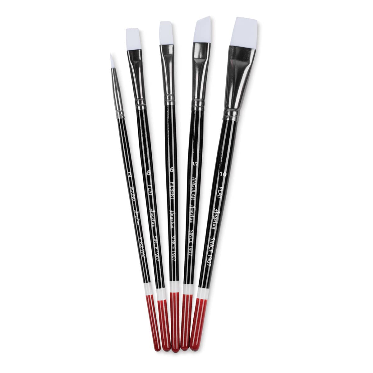 Angelus Synthetic Paint Brush Set - Assorted, Set of 5, Short Handle (full length, outside of package) Angelus Synthetic Paint Brush Set - Assorted, Set of 5, Short Handle (full length, outside of package)