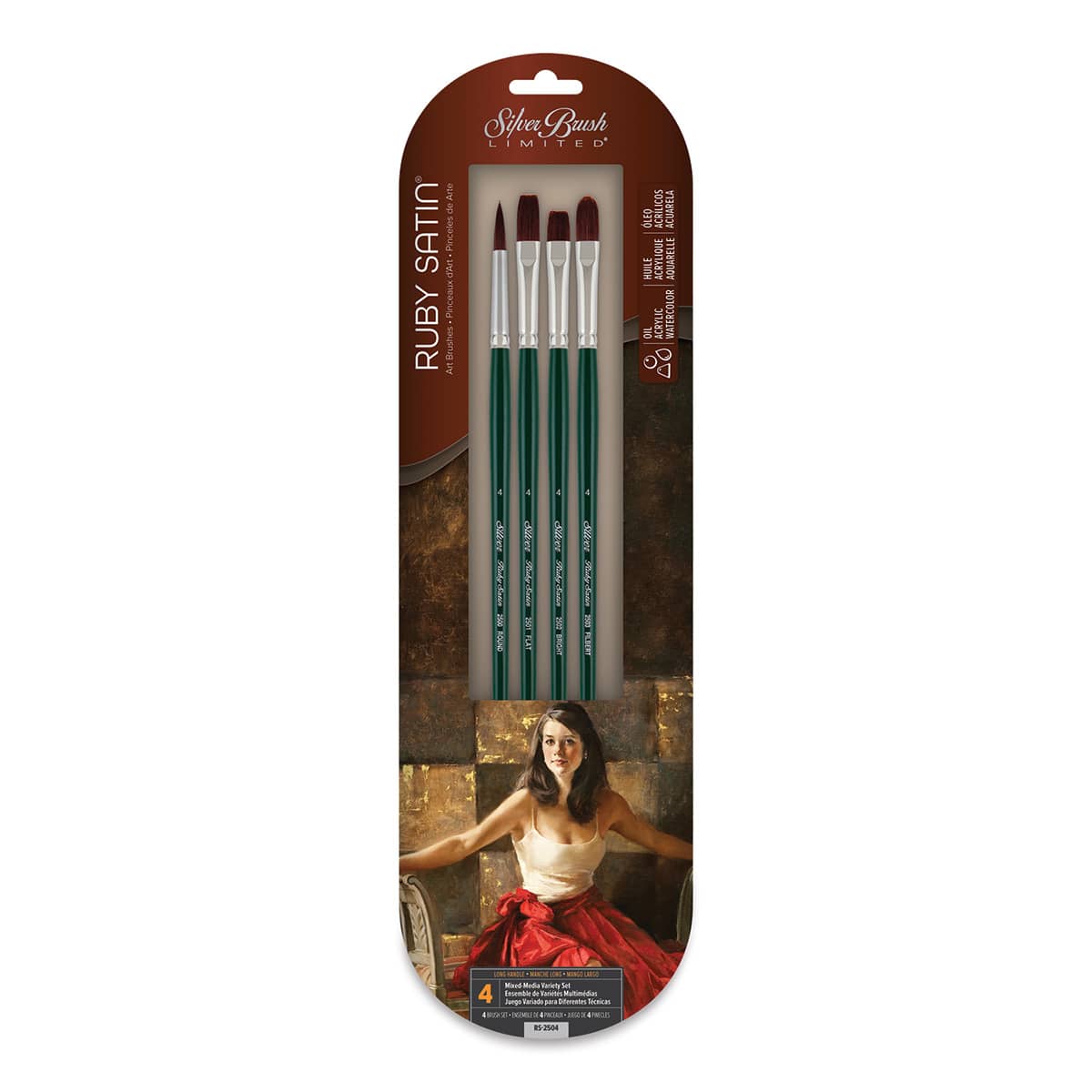 Silver Brush Ruby Satin Synthetic Brushes - Basics, Set of 4, Long Handle (front of package)