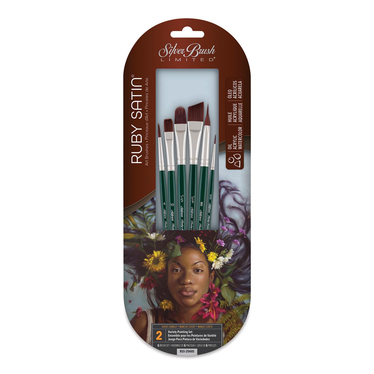 Silver Brush Ruby Satin Synthetic Brushes - Starter, Set of 6, Short Handle (front of package)