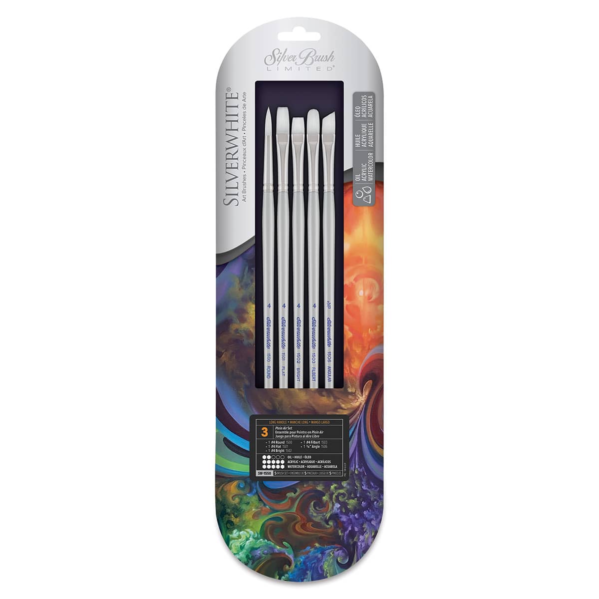 Silverwhite Soft Synthetic Brushes - Front of package of set of 5 Plein Air Brushes