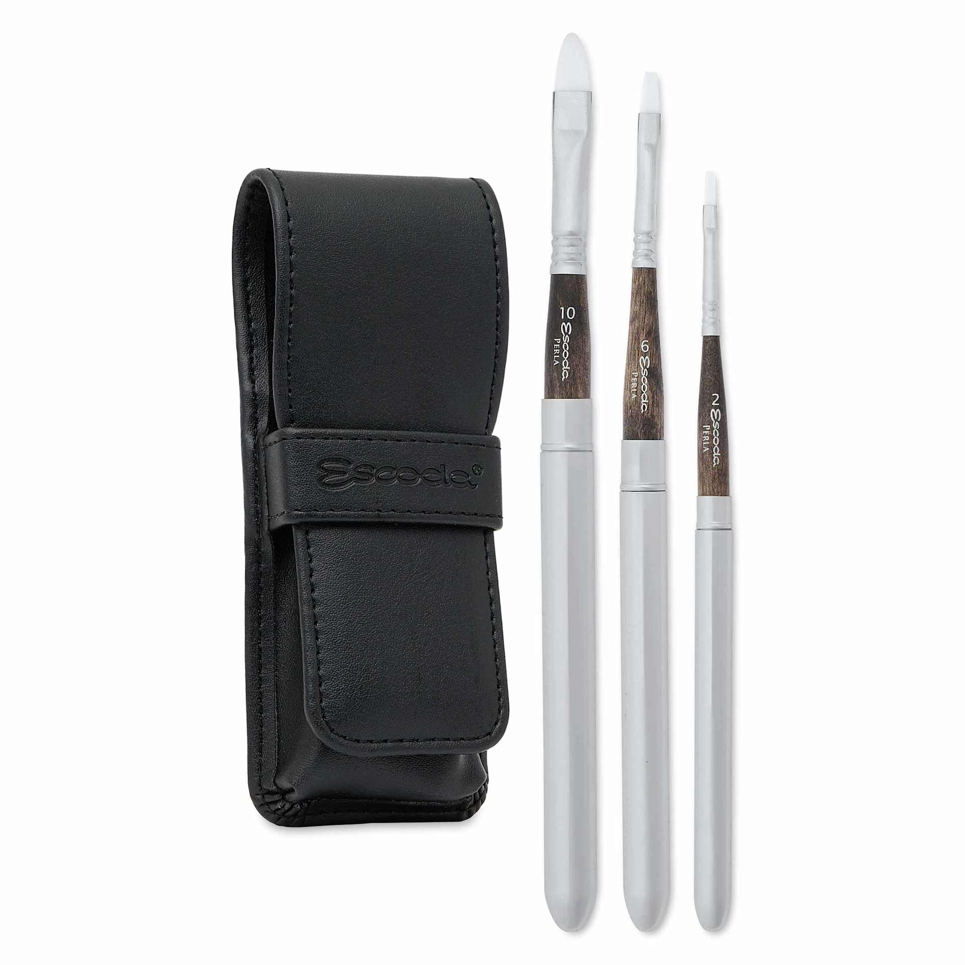 Escoda Perla Toray White Synthetic Travel Brushes - Set of 3, Bright, with included carrying case.