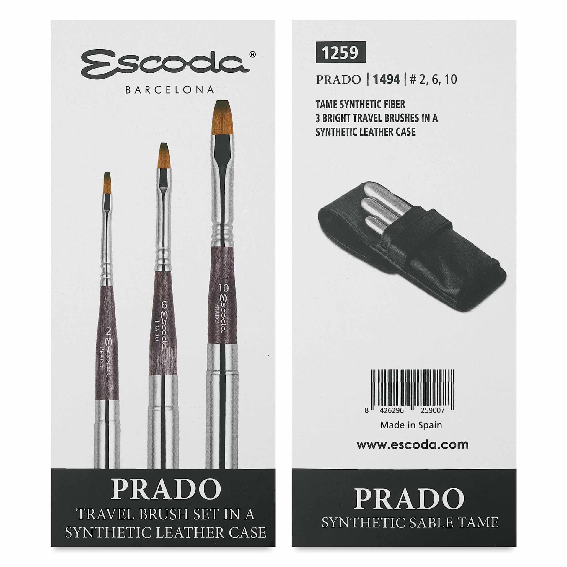 Escoda Prado Tame Synthetic Sable Travel Brushes - Set of 3, Bright, front and back of packaging