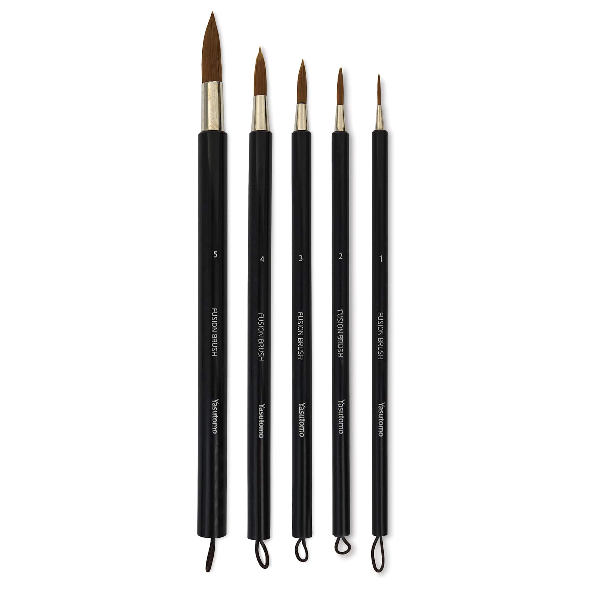 Yasutomo Fusion Synthetic Brushes - Round, Short Handle, Set of 5, laid out Yasutomo Fusion Synthetic Brushes - Round, Short Handle, Set of 5, laid out