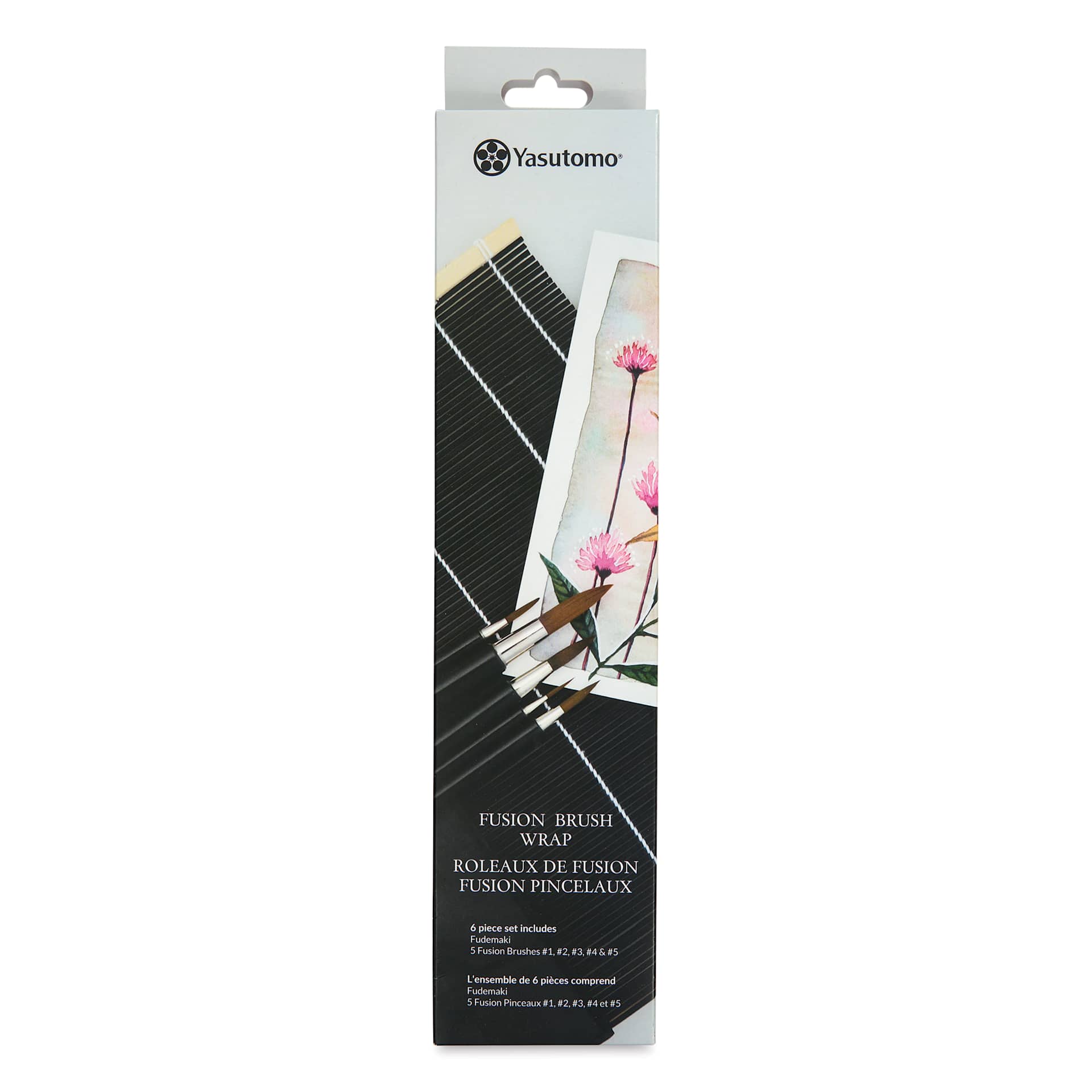Yasutomo Fusion Synthetic Brushes - Round, Short Handle, Set of 5 with Wrap, front of the packaging Yasutomo Fusion Synthetic Brushes - Round, Short Handle, Set of 5 with Wrap, front of the packaging