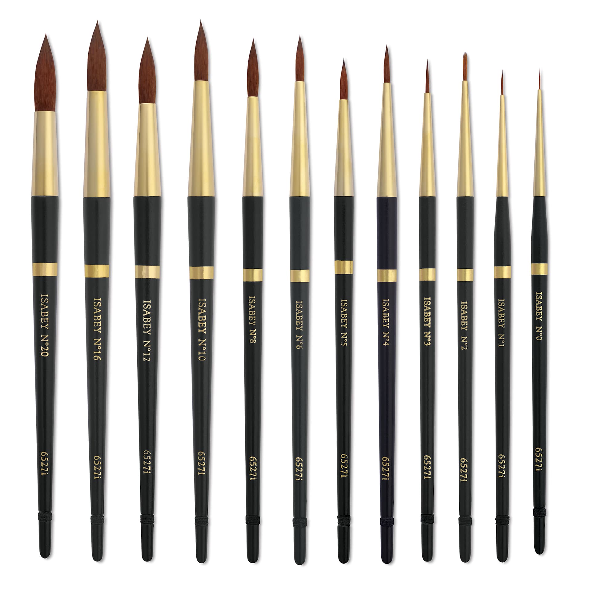 Isabey Isagold Synthetic Brushes, group of Round brushes in various sizes laid out Isabey Isagold Synthetic Brushes, group of Round brushes in various sizes laid out