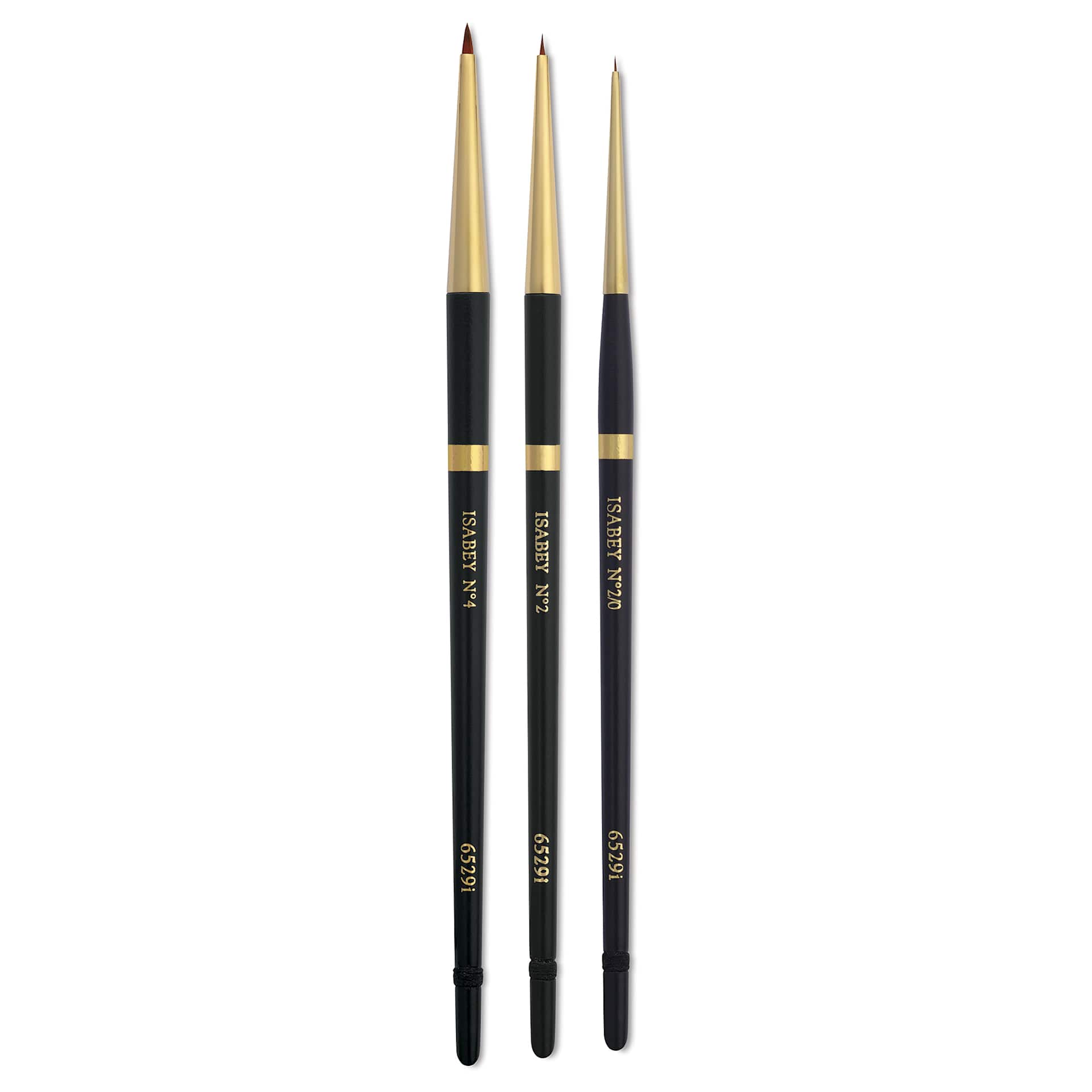 Isabey Isagold Synthetic Brushes, group of three Spotter brushes laid out Isabey Isagold Synthetic Brushes, group of three Spotter brushes laid out