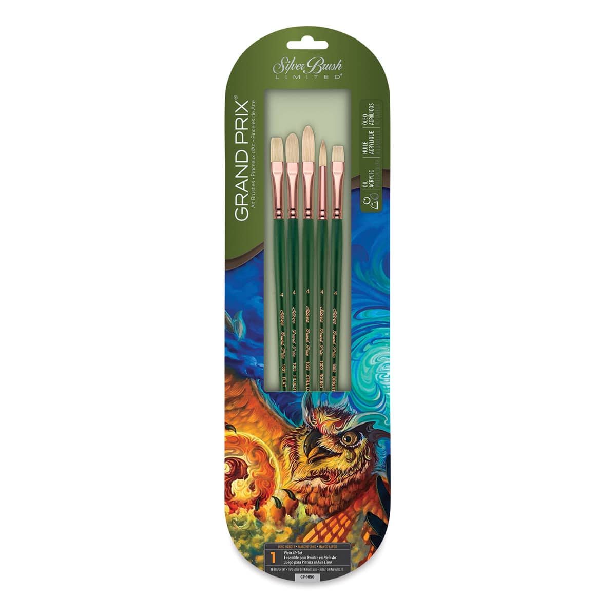 Silver Brush Grand Prix Brush Set - Front of package of Set of 5 Oil/Acrylic Brushes Silver Brush Grand Prix Brush Set - Front of package of Set of 5 Oil/Acrylic Brushes
