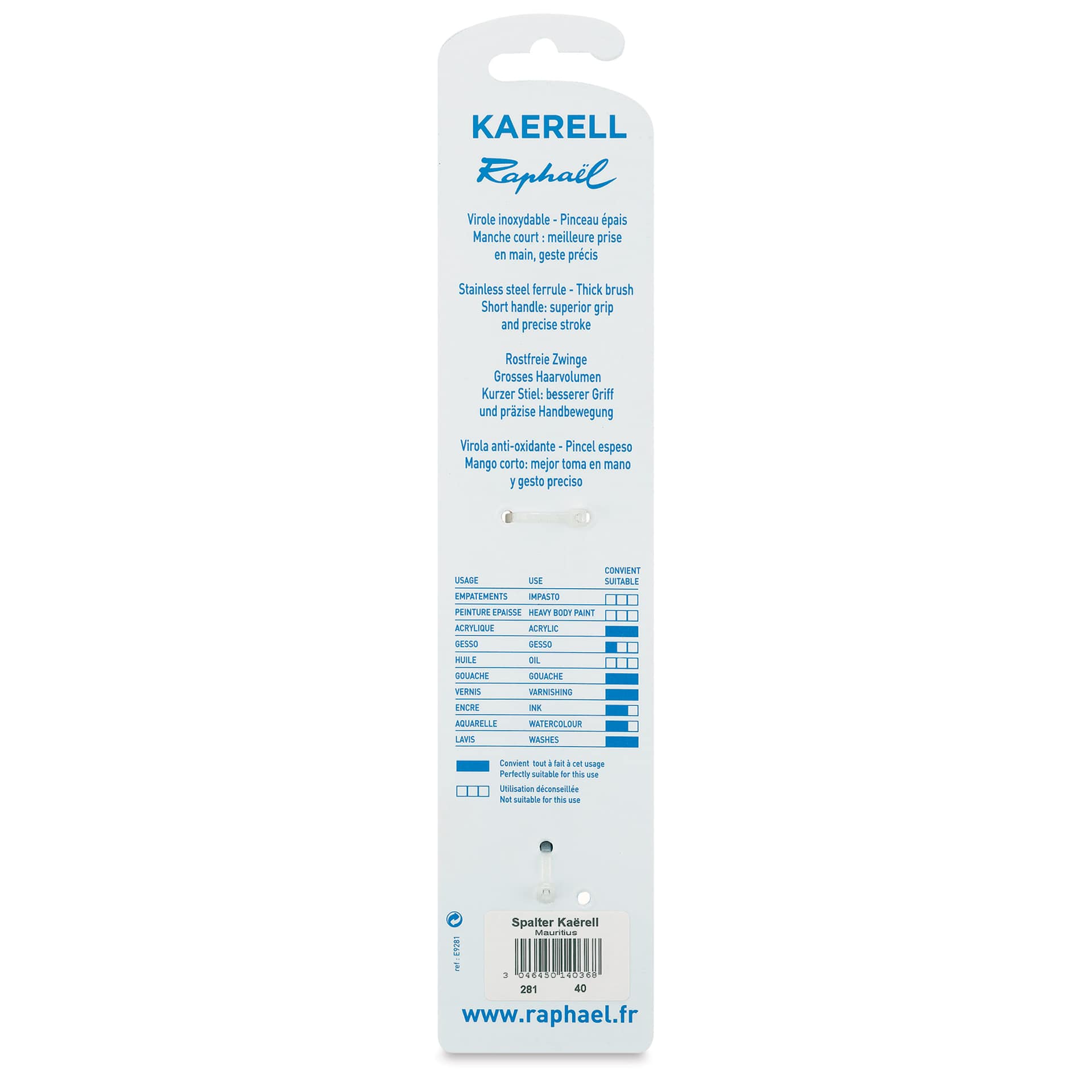 Raphael Kaerell Brush - Mixed Media Flat, Size 40, back of the packaging