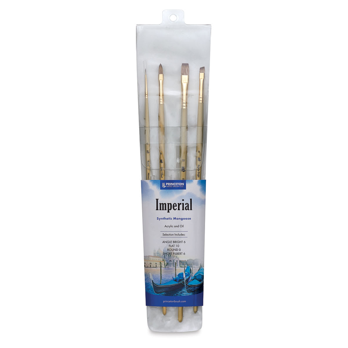 Princeton Imperial Brushes Set - Four assorted long handled brushes shown upright in package Princeton Imperial Brushes Set - Four assorted long handled brushes shown upright in package