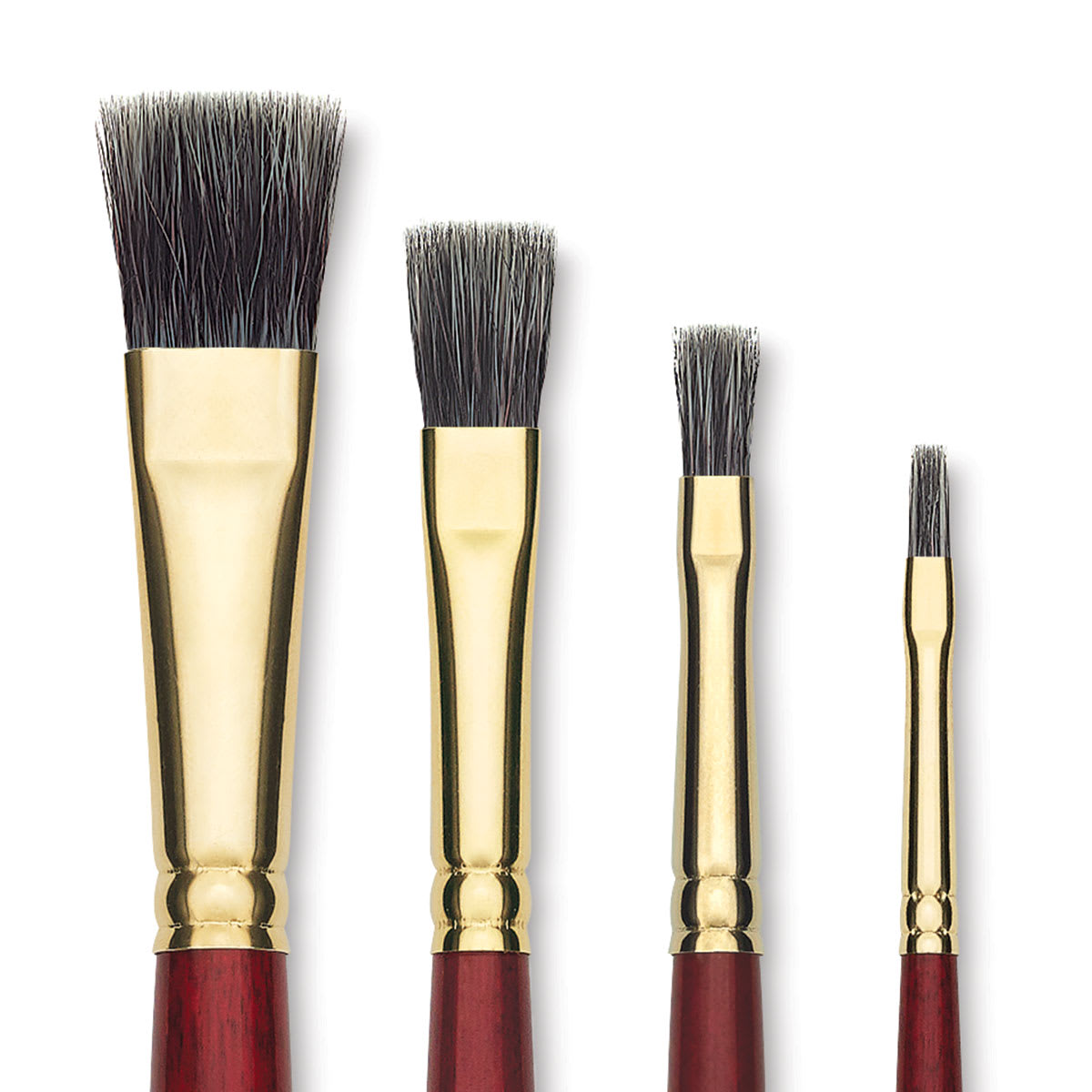 Blick Master Synthetic Badger Brushes - Closeup of four sizes of Bright Brushes