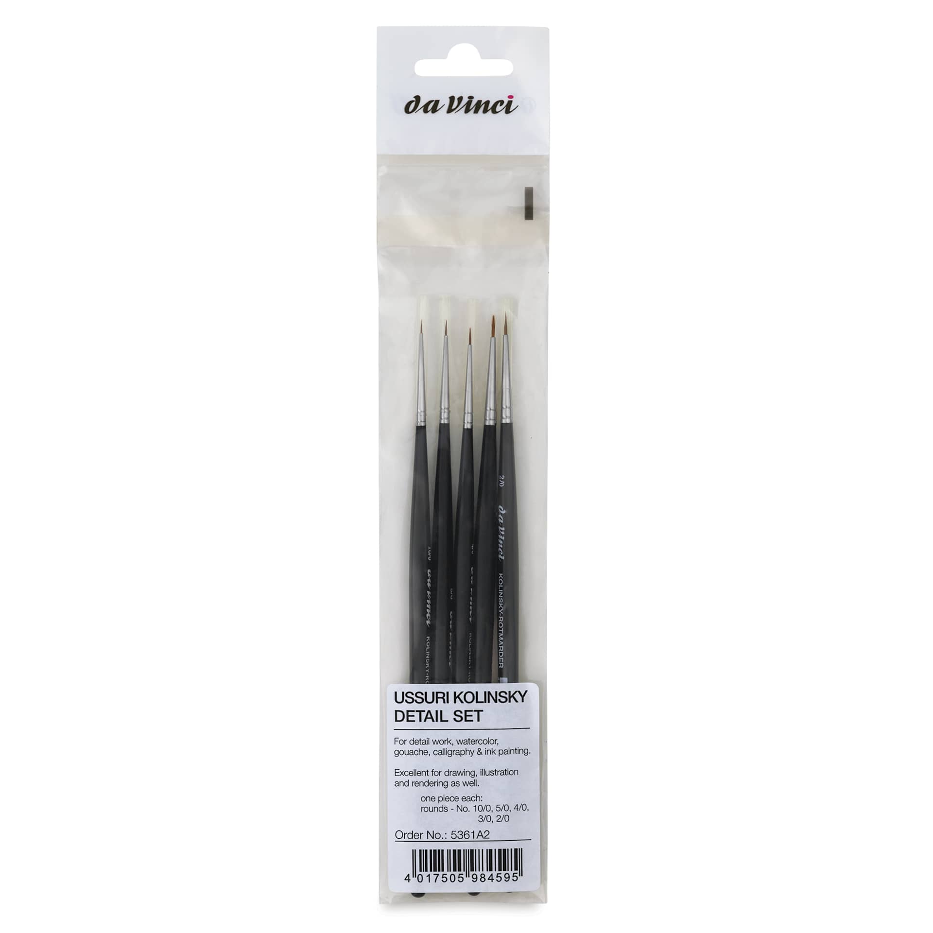 Da Vinci Ussuri Red Sable Watercolor Brushes - Round, Short Handle, Set of 5, front of the packaging Da Vinci Ussuri Red Sable Watercolor Brushes - Round, Short Handle, Set of 5, front of the packaging