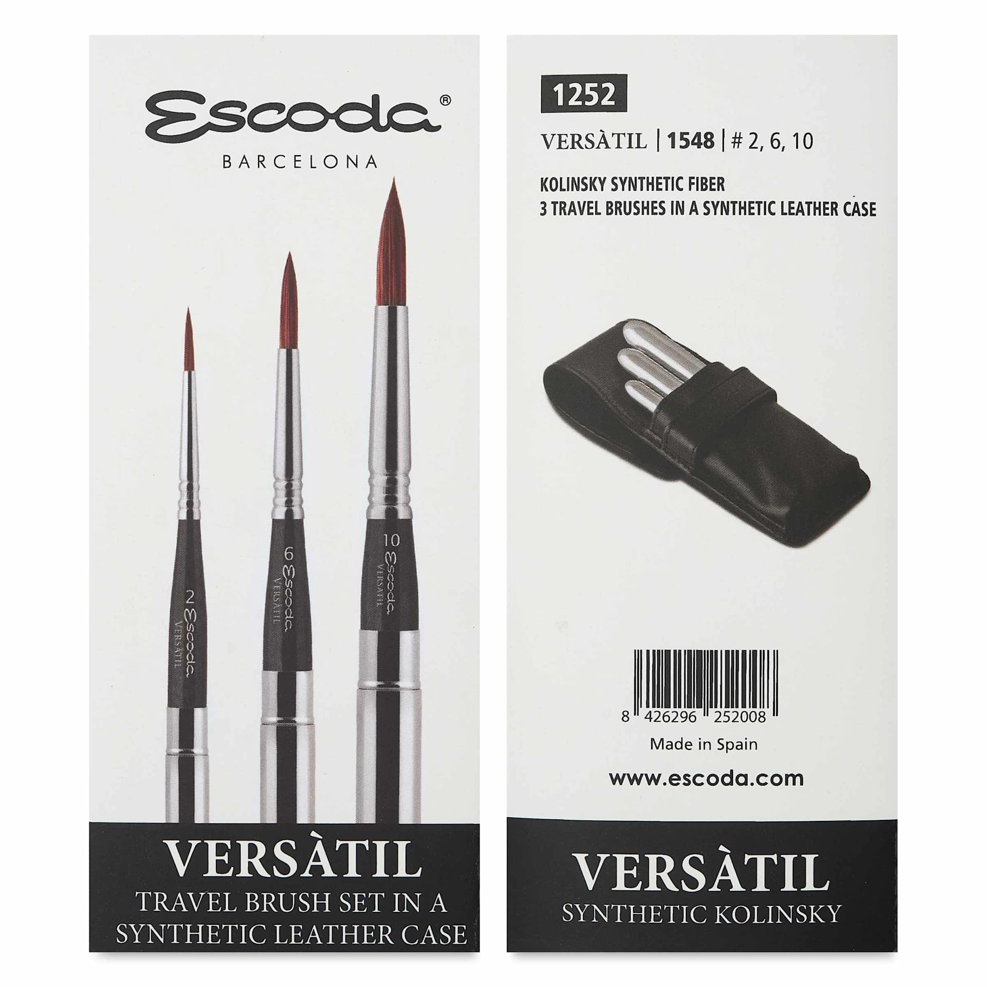 Escoda Versàtil Synthetic Kolinsky Travel Brushes - Set of 3, Round, front and back of packaging
