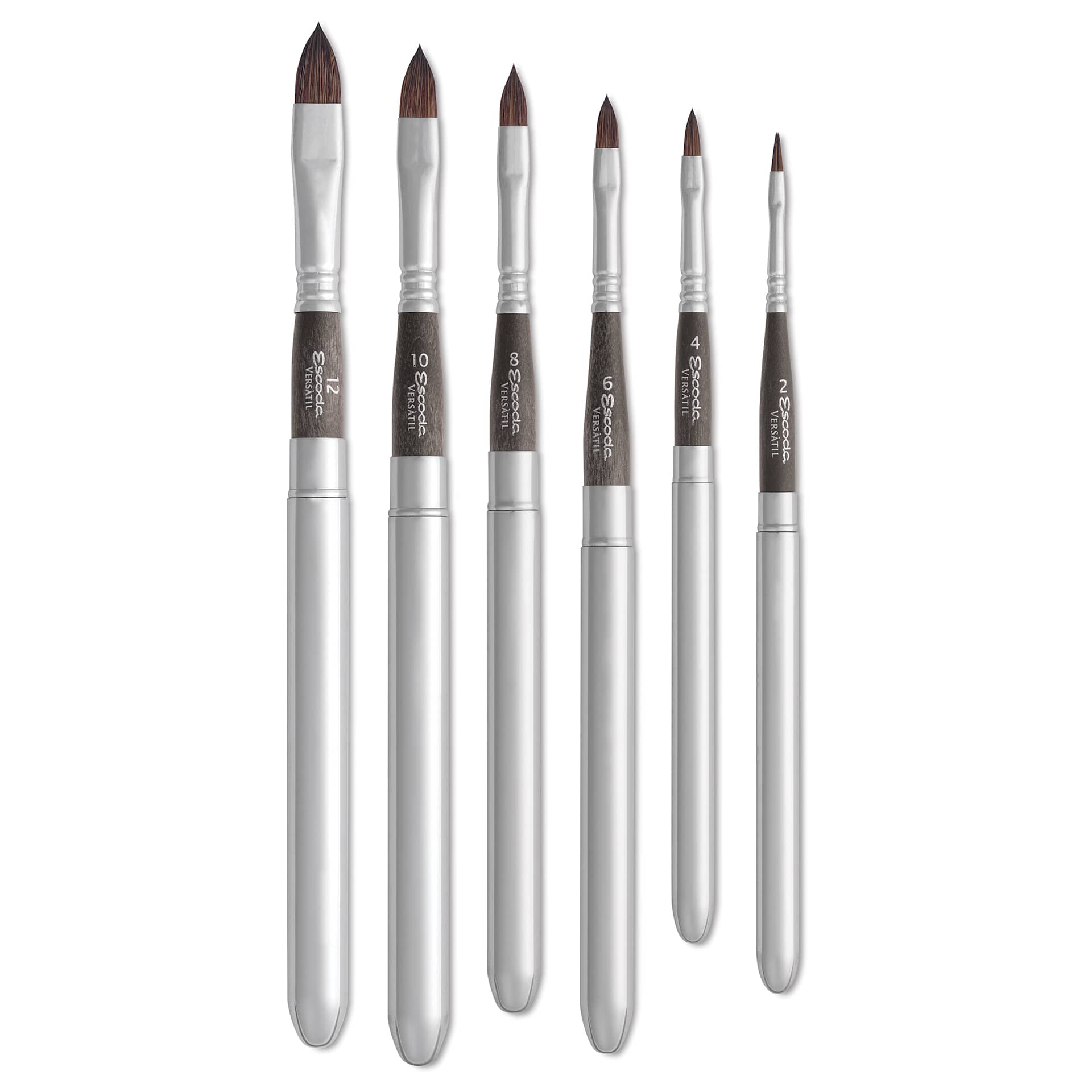 Escoda Versatil Travel Filbert Brushes of various sizes laid out Escoda Versatil Travel Filbert Brushes of various sizes laid out