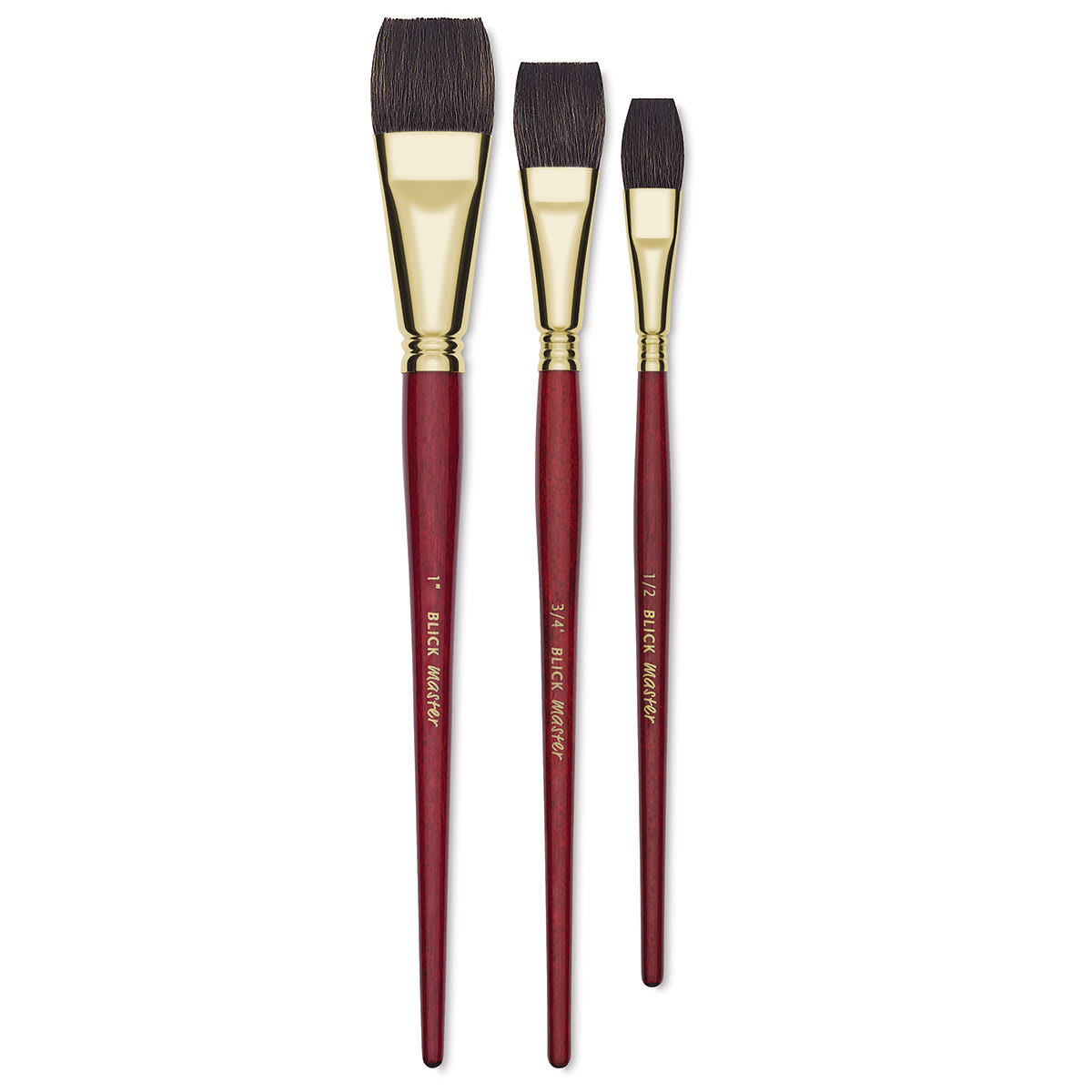 Blick Master Synthetic Squirrel Brushes - 3 Flat Wash brushes upright

