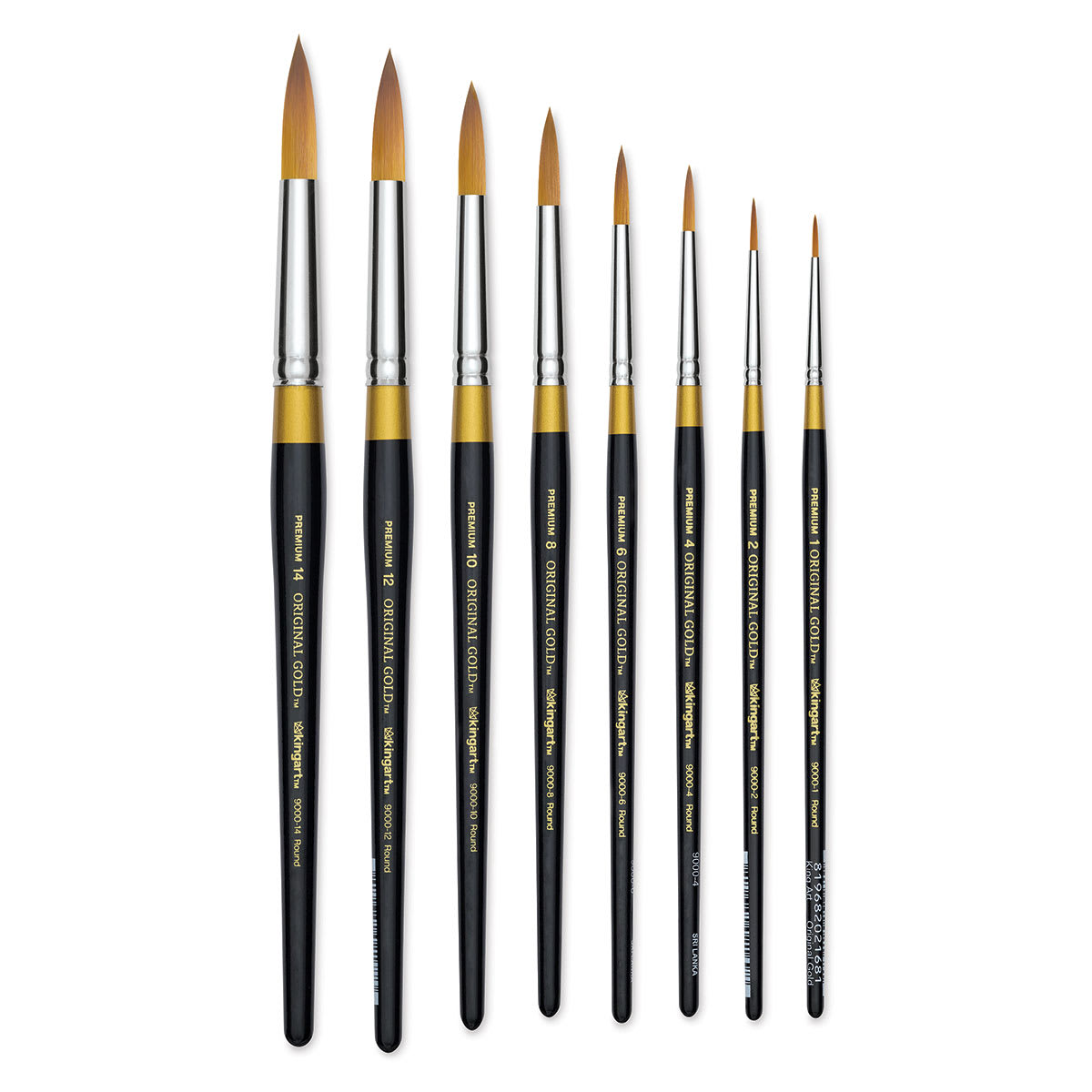 Kingart Original Gold Brushes - 8 Round Brushes shown upright