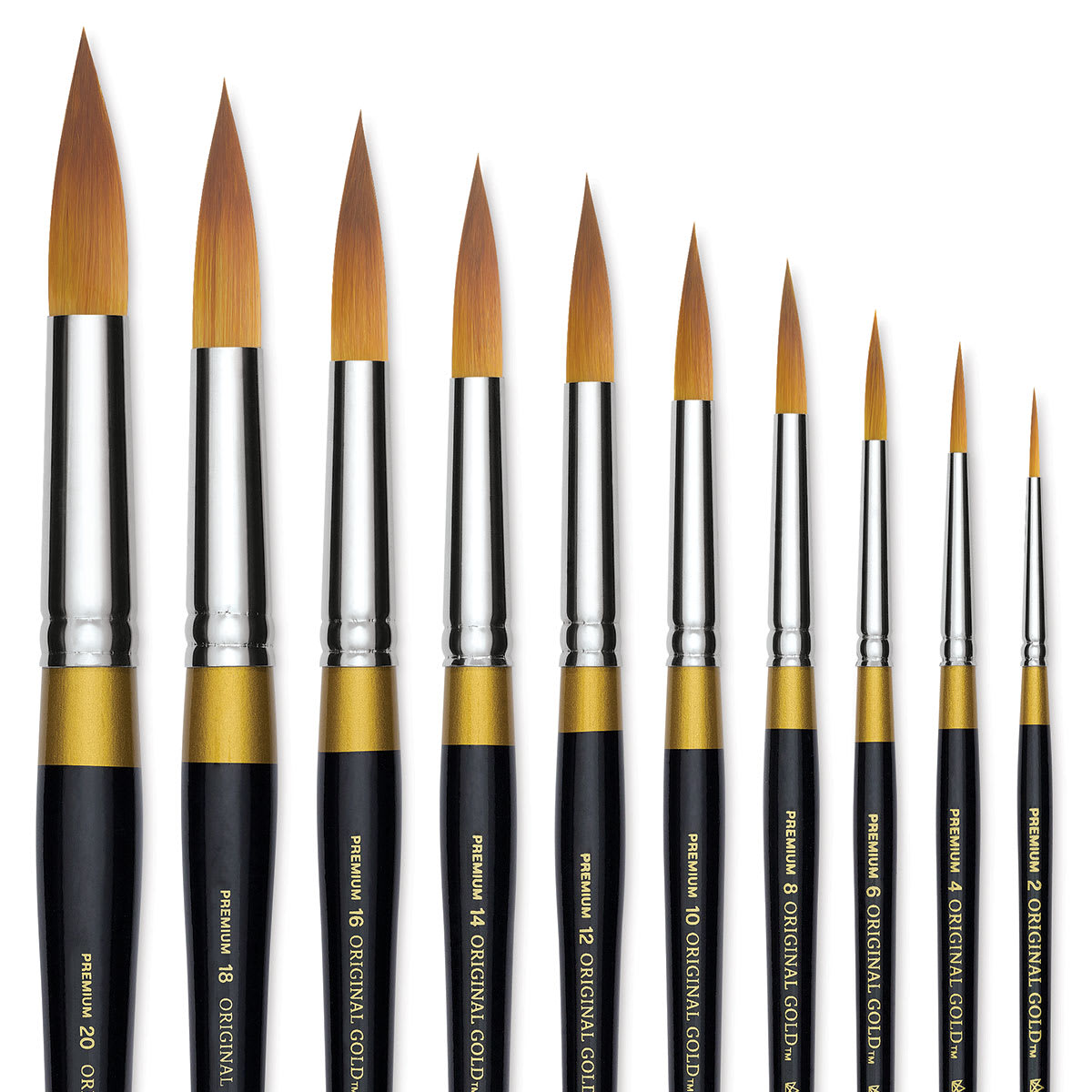 Kingart Original Gold Brushes - Closeup of tips of 10 Max Round Brushes