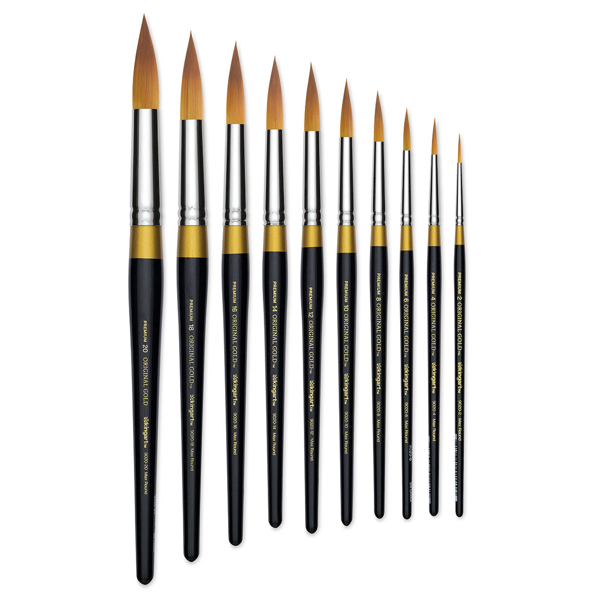 Kingart Original Gold Brushes - 10 Max Round Brushes shown upright