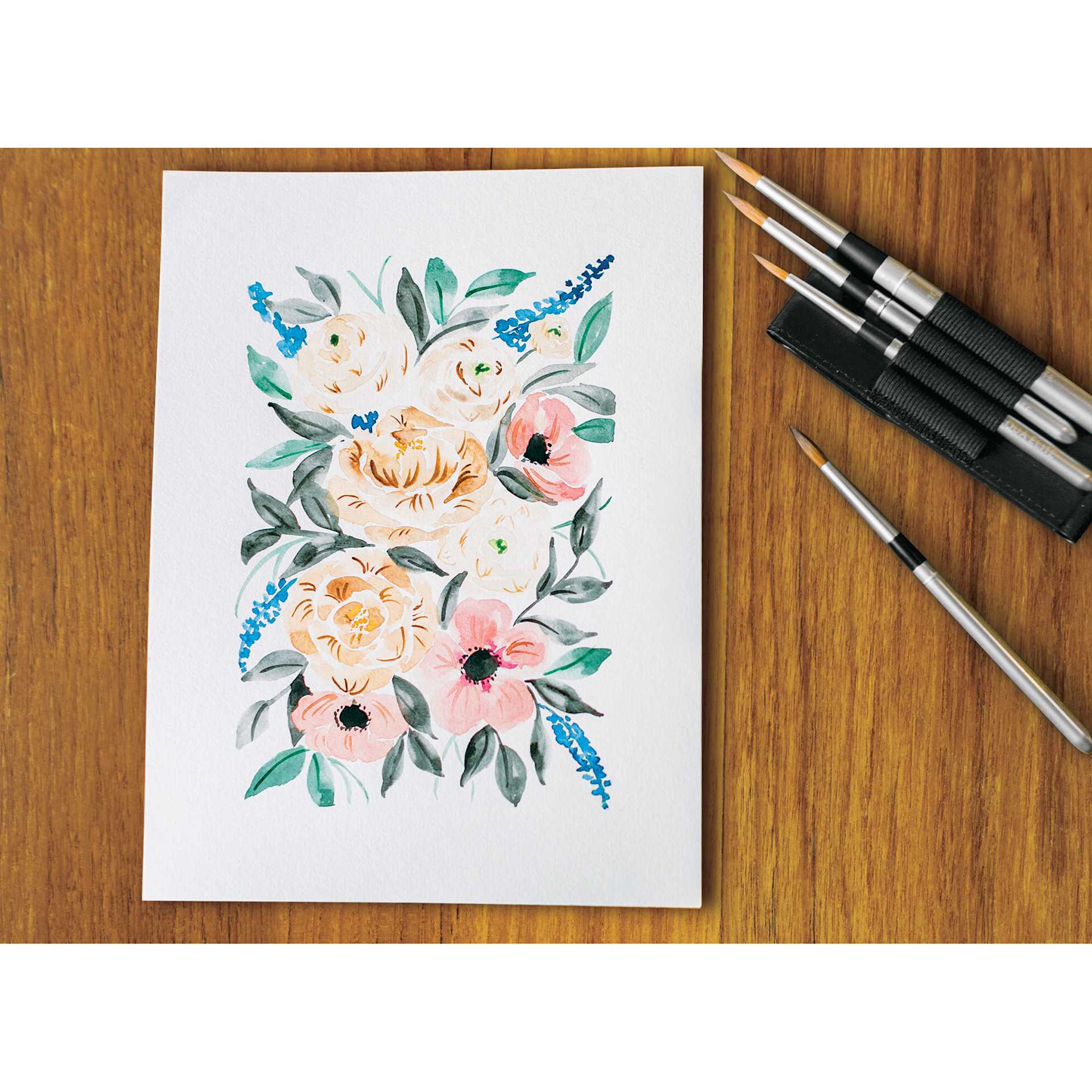 Princeton Aqua Elite Series 4850 Synthetic Travel Brushes (brushes next to a watercolor painting of flowers) Princeton Aqua Elite Series 4850 Synthetic Travel Brushes (brushes next to a watercolor painting of flowers)