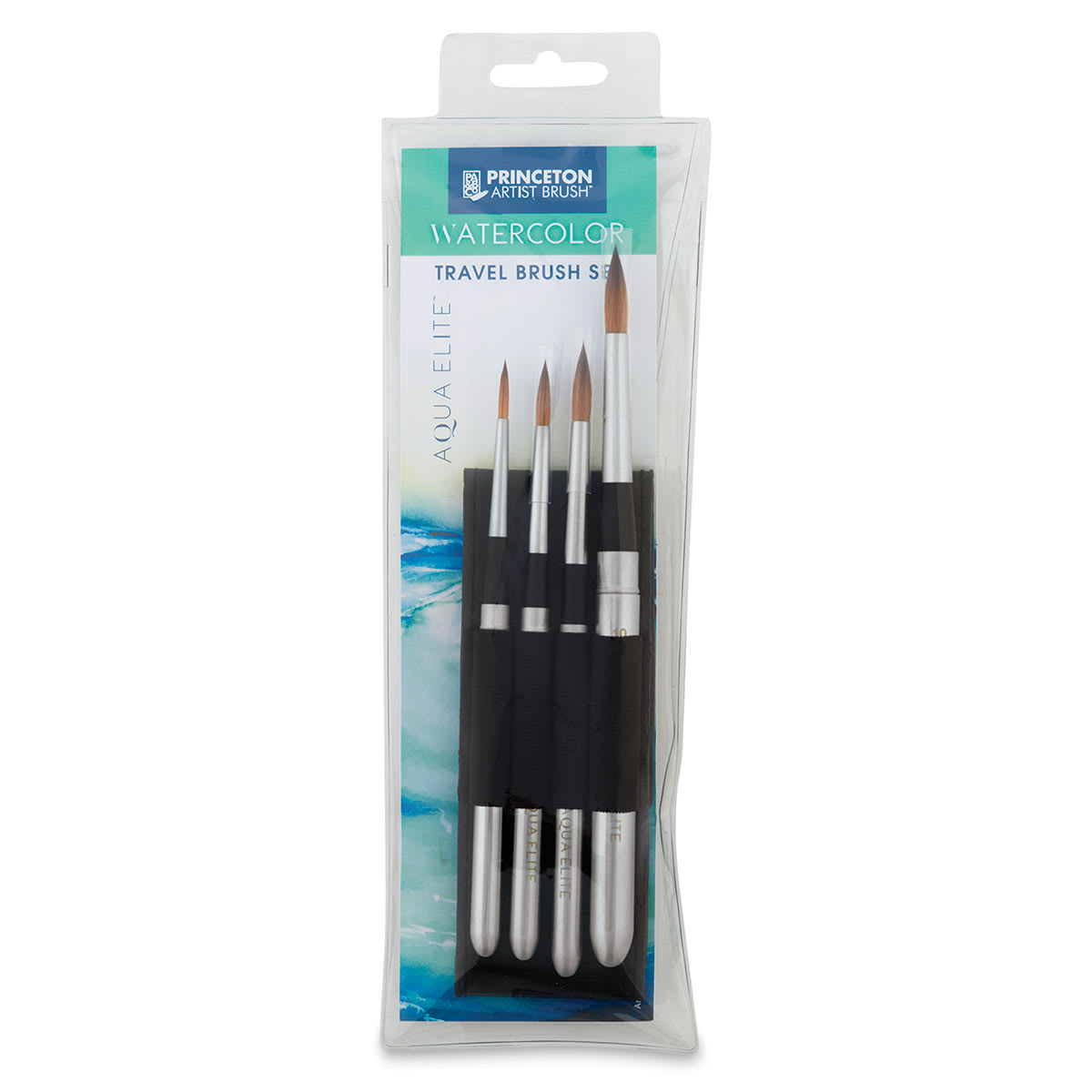 Princeton Aqua Elite Series 4850 Synthetic Brushes - Travel Set of 4 (front of packaging) Princeton Aqua Elite Series 4850 Synthetic Brushes - Travel Set of 4 (front of packaging)