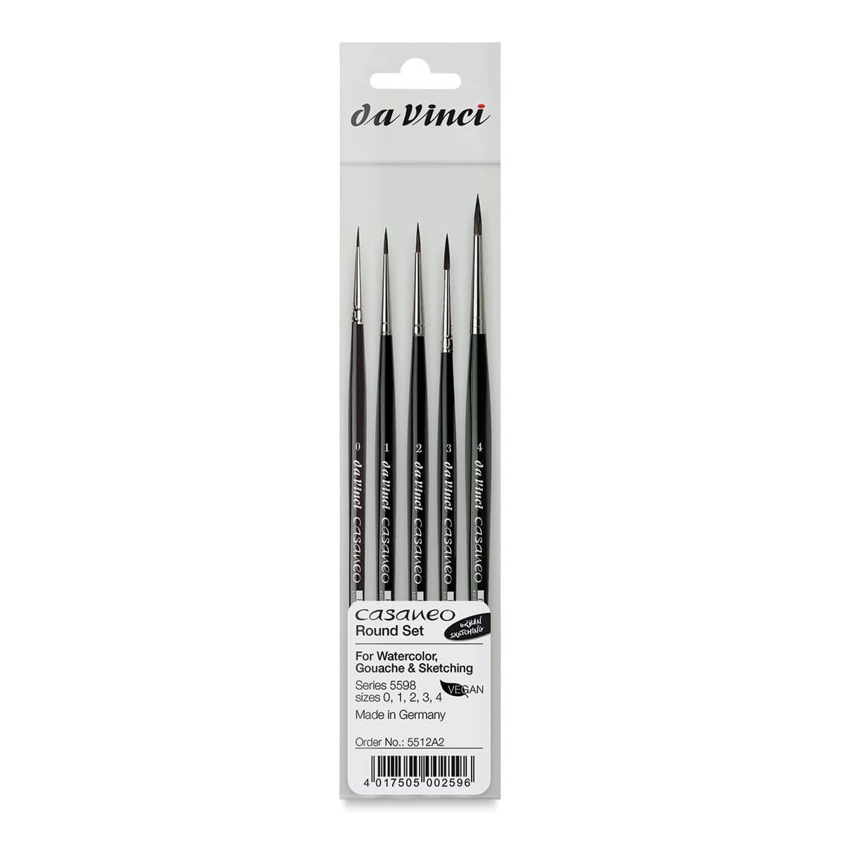 Da Vinci Casaneo Synthetic Squirrel Watercolor Brushes - Rounds, Set of 5, Short Handle, front of packaging