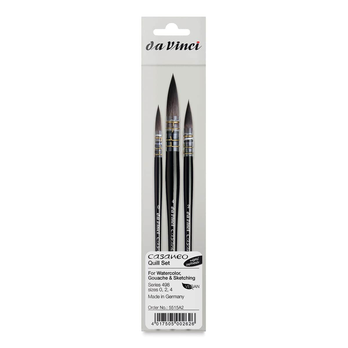 Da Vinci Casaneo Synthetic Squirrel Watercolor Brush - Quills, Set of 3, Short Handle, front of packaging