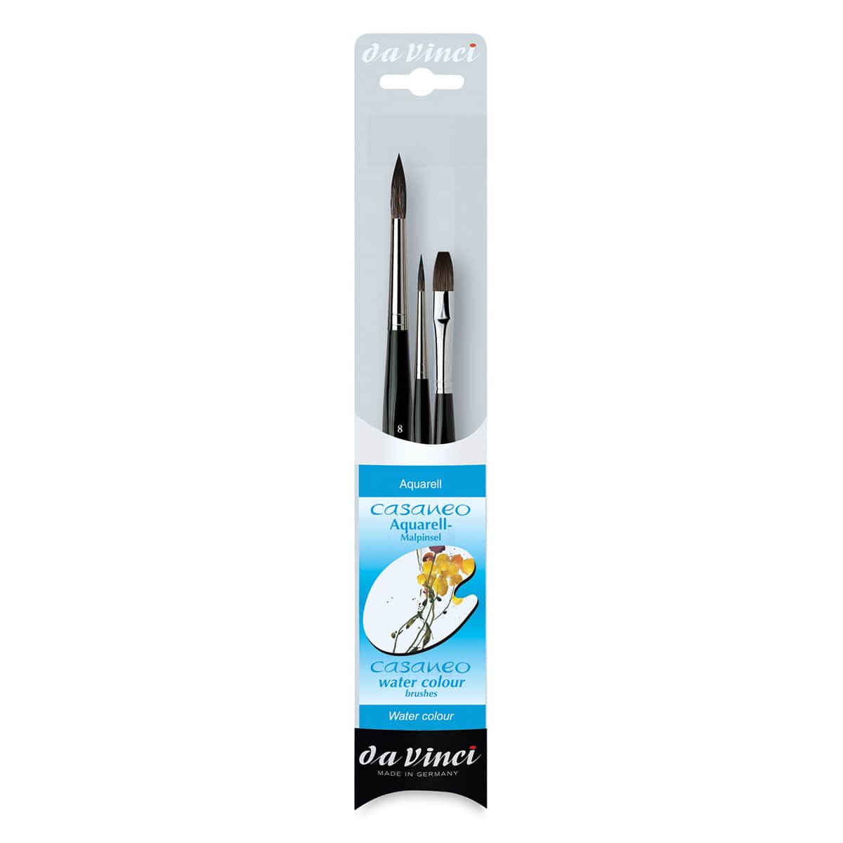 Da Vinci Casaneo Synthetic Squirrel Watercolor Brush - Assorted, Set of 3, Short Handle, front of packaging