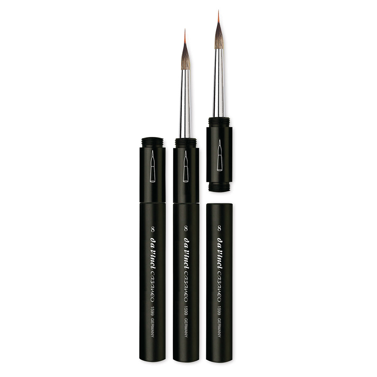 Synthetic Squirrel Watercolor Brush - 3 Travel Rounds shown, 1 closed, 1 open, and 1 separated