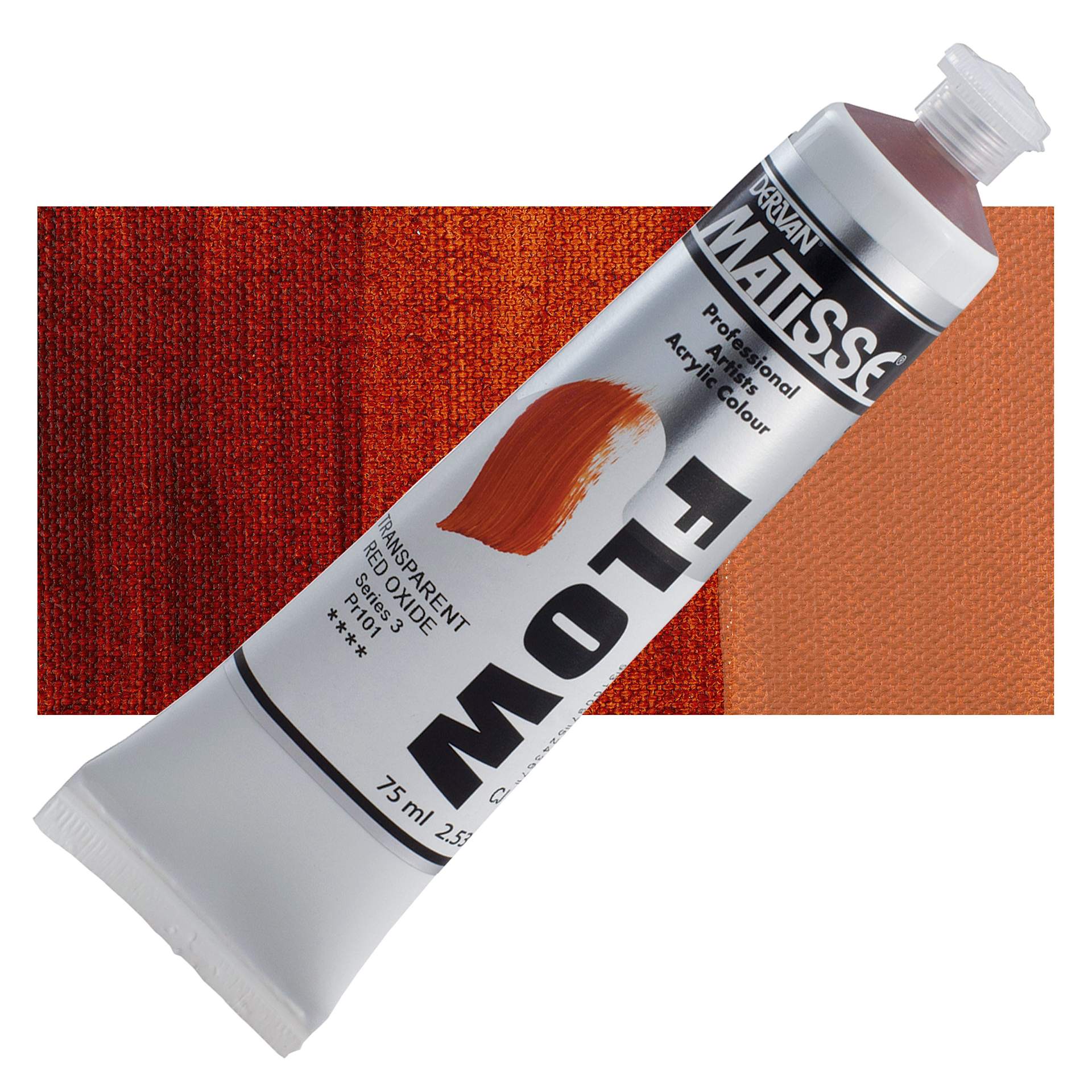 Matisse Flow Acrylic Paint - Transparent Red Oxide, 75 ml tube and swatch