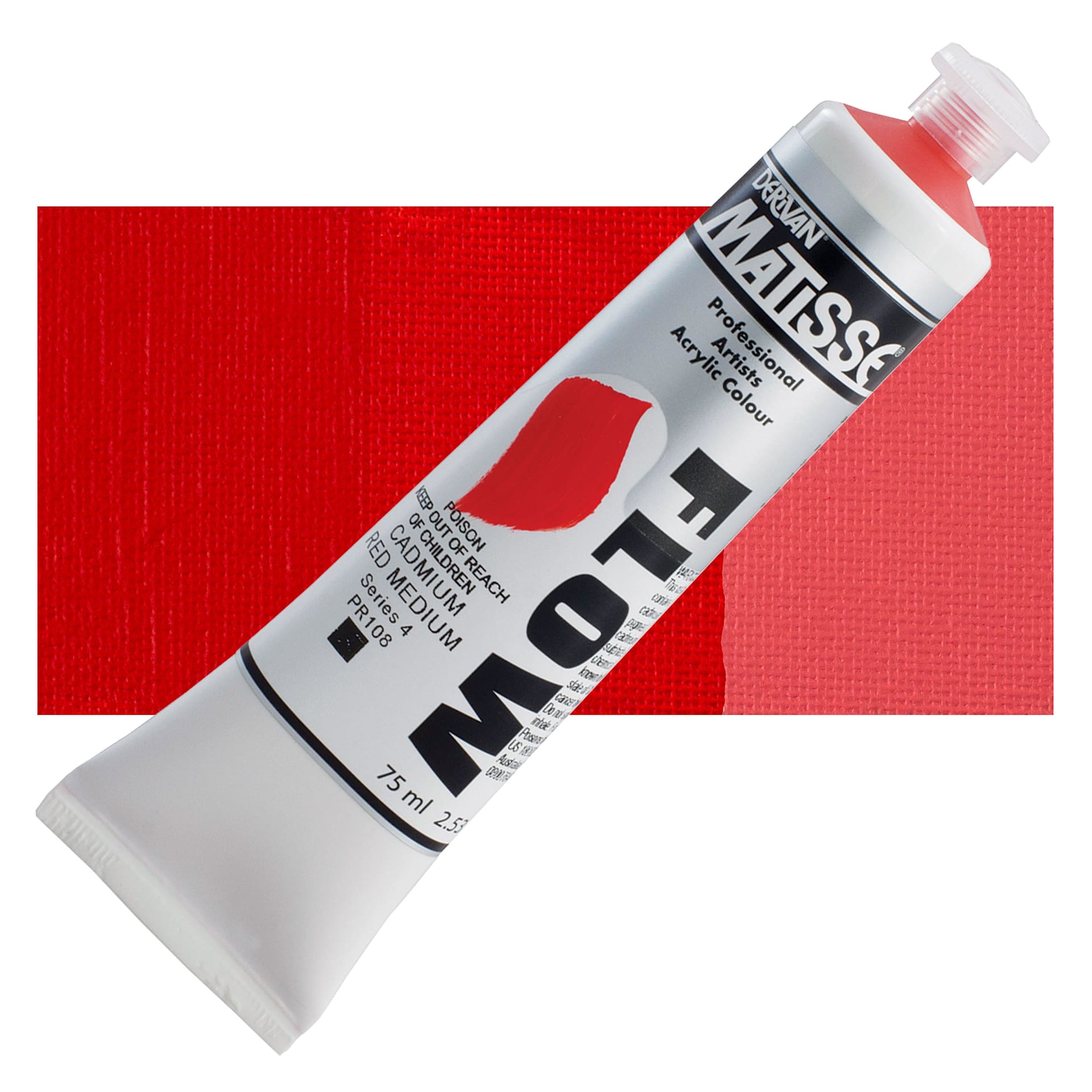 Matisse Flow Acrylic Paint - Cadmium Red Medium, 75 ml tube and swatch