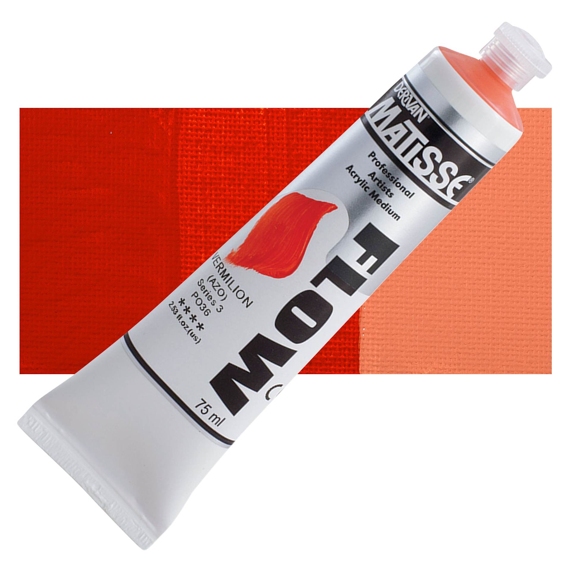 Matisse Flow Acrylic Paint - Vermilion, 75 ml tube and swatch