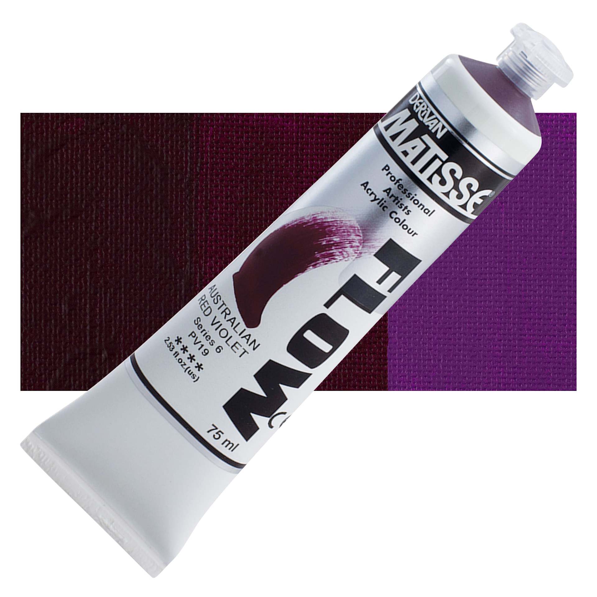 Matisse Flow Acrylic Paint - Australian Red Violet, 75 ml tube and swatch