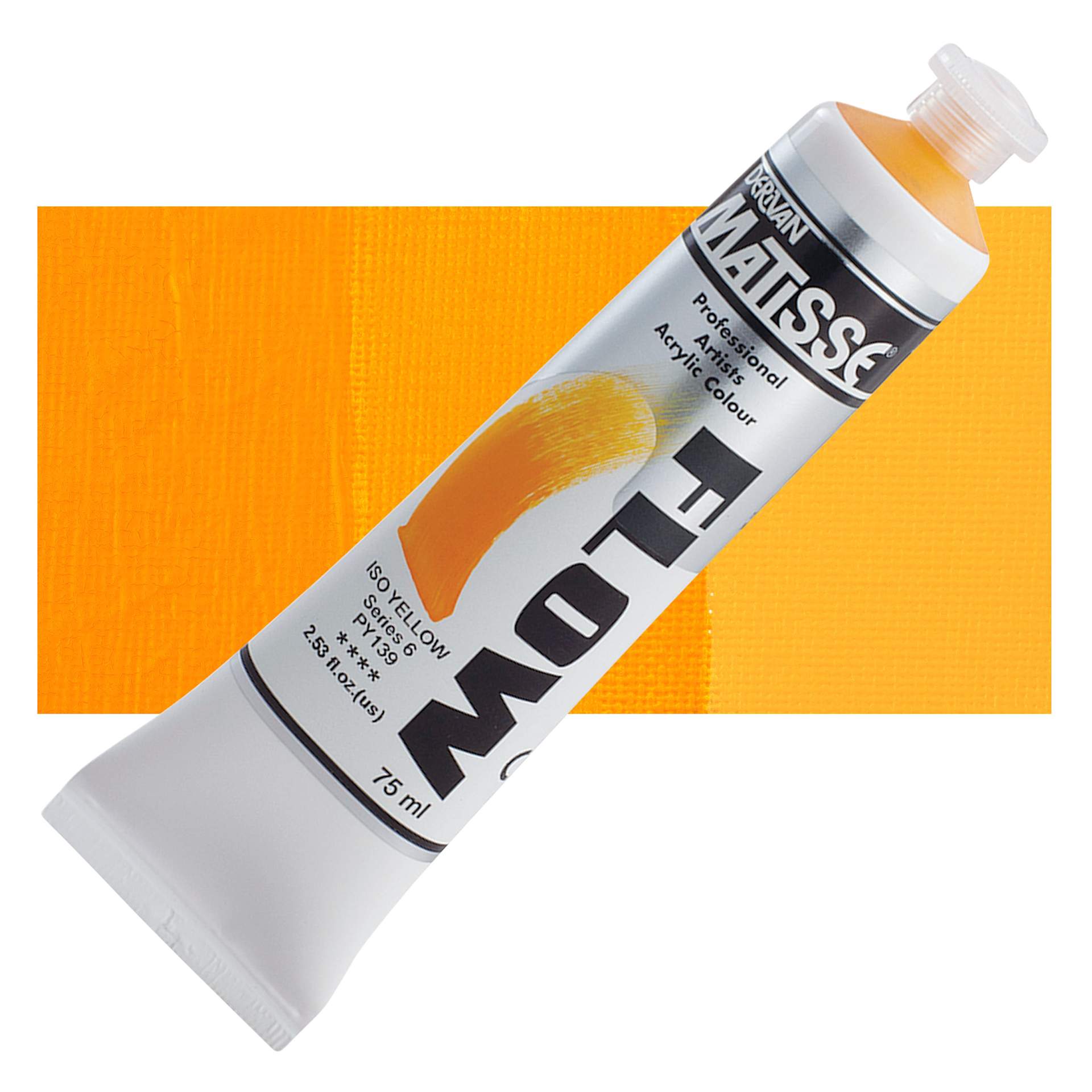 Matisse Flow Acrylic Paint - Iso Yellow, 75 ml tube and swatch