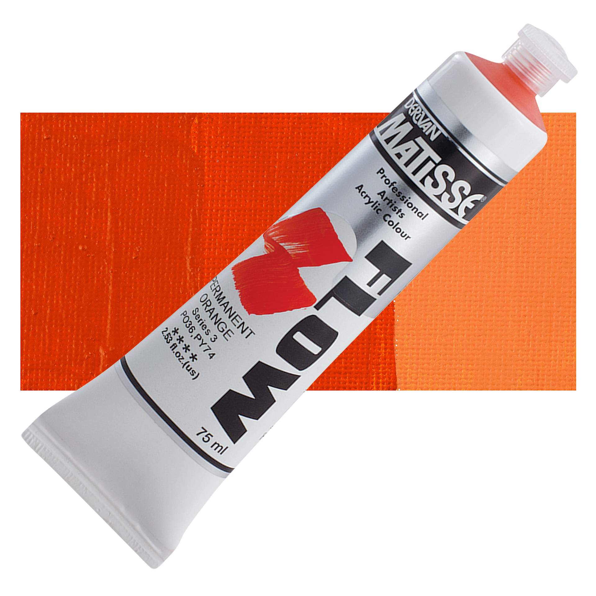 Matisse Flow Acrylic Paint - Permanent Orange, 75 ml tube and swatch