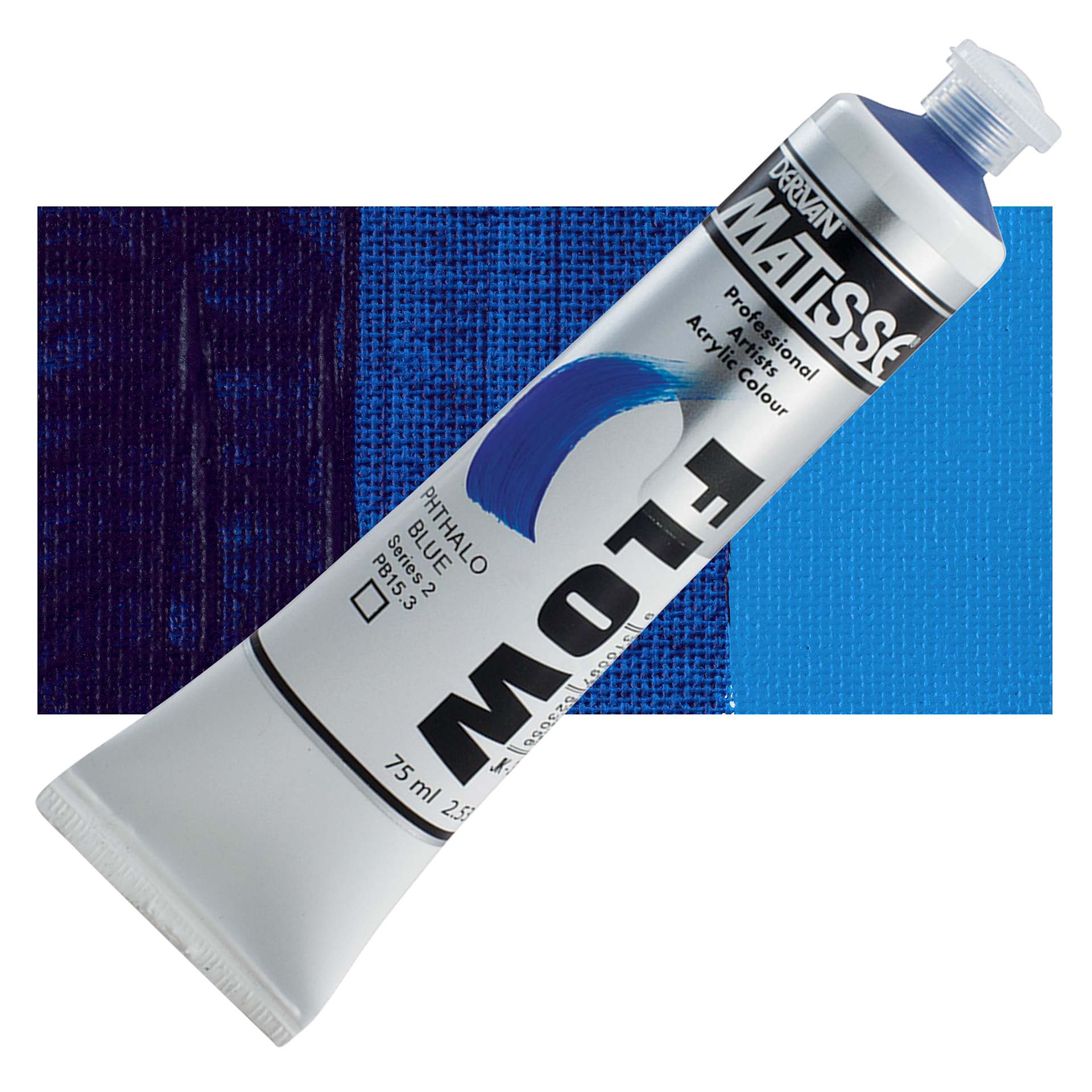 Matisse Flow Acrylic Paint - Phthalo Blue, 75 ml tube and swatch