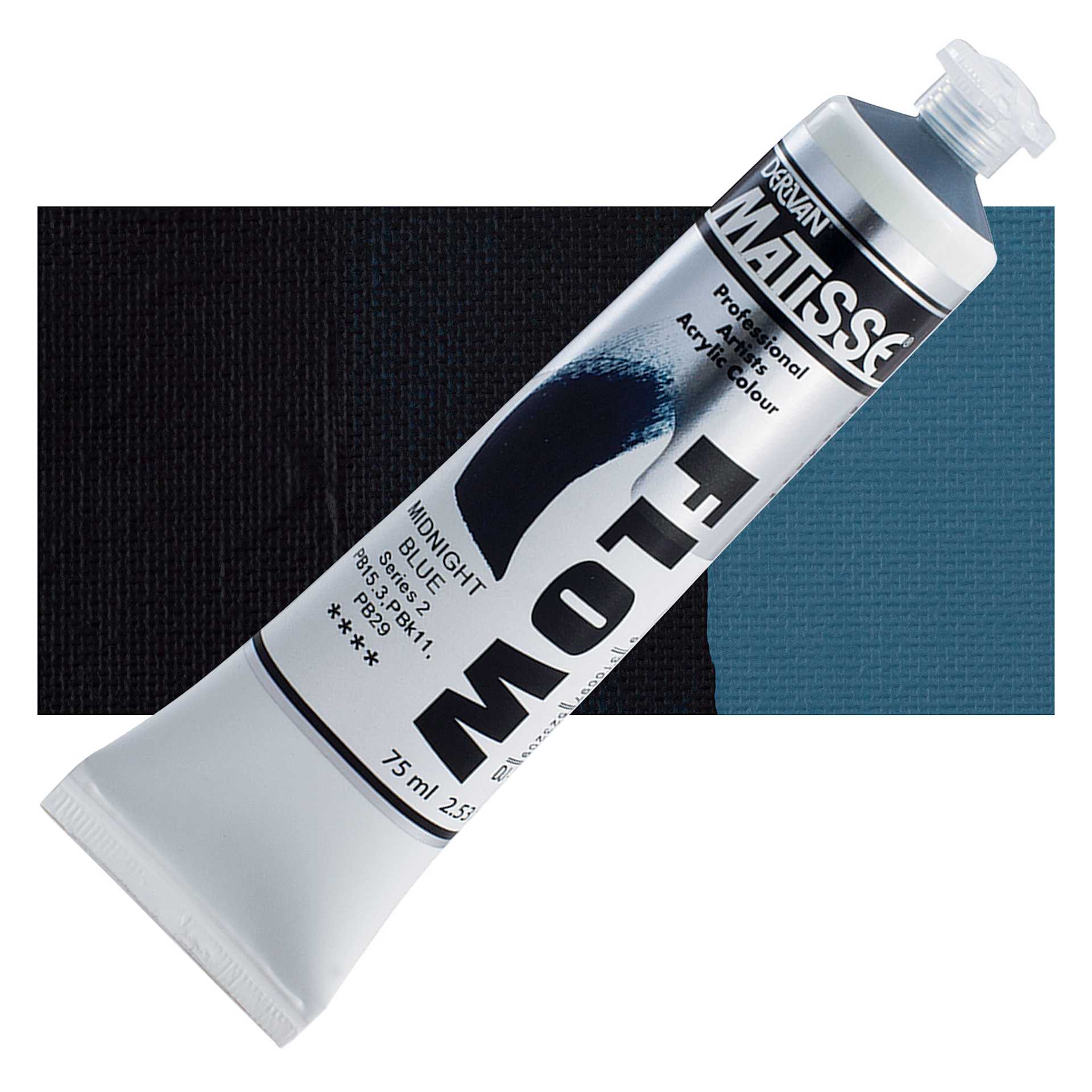 Matisse Flow Acrylic Paint - Midnight Blue, 75 ml tube and swatch