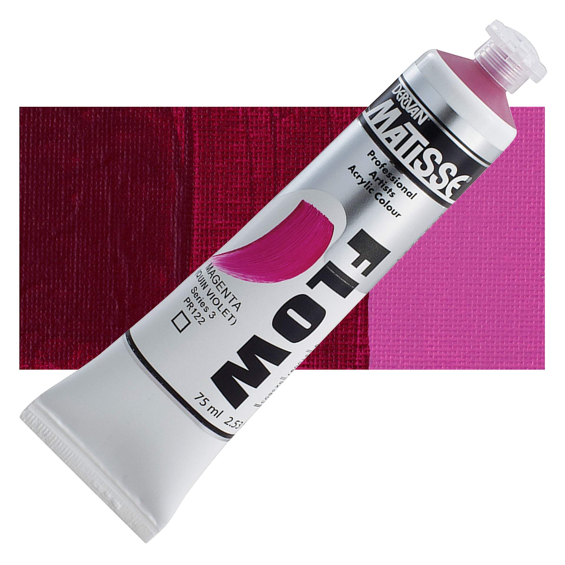 Matisse Flow Acrylic Paint - Magenta Quin Violet, 75 ml tube and swatch