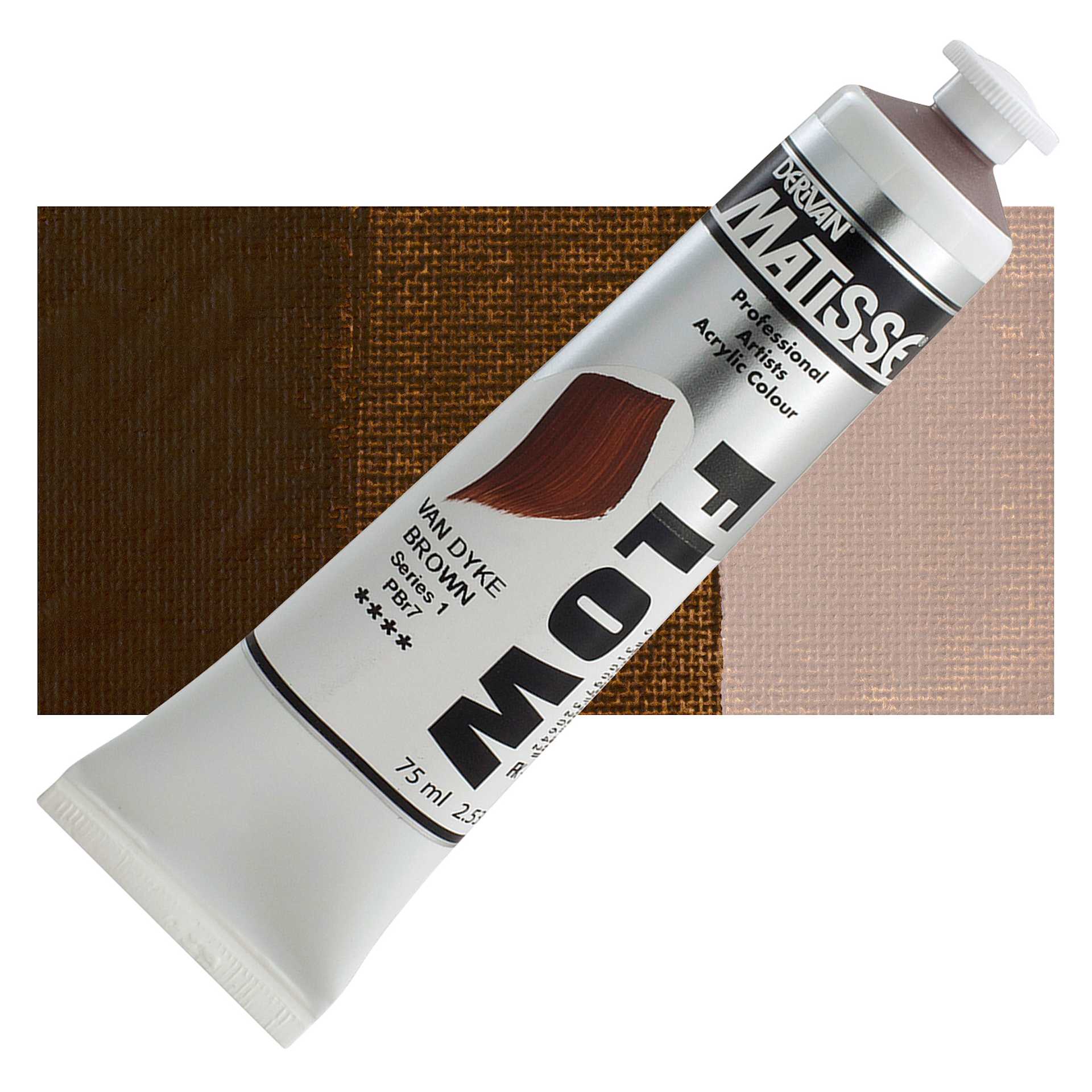 Matisse Flow Acrylic Paint - Van Dyke Brown, 75 ml tube and swatch